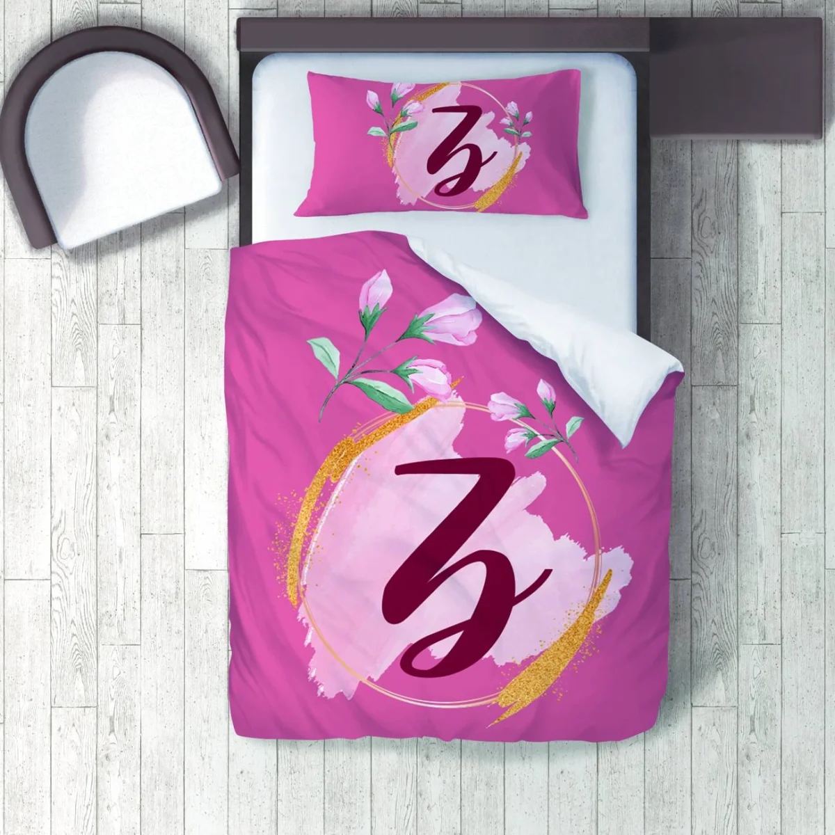 Kişiselleştirilmiş harf ve çiçekler Nevresim Takımı | Pembe Altın ışıltı, suluboya fırça darbesi ...