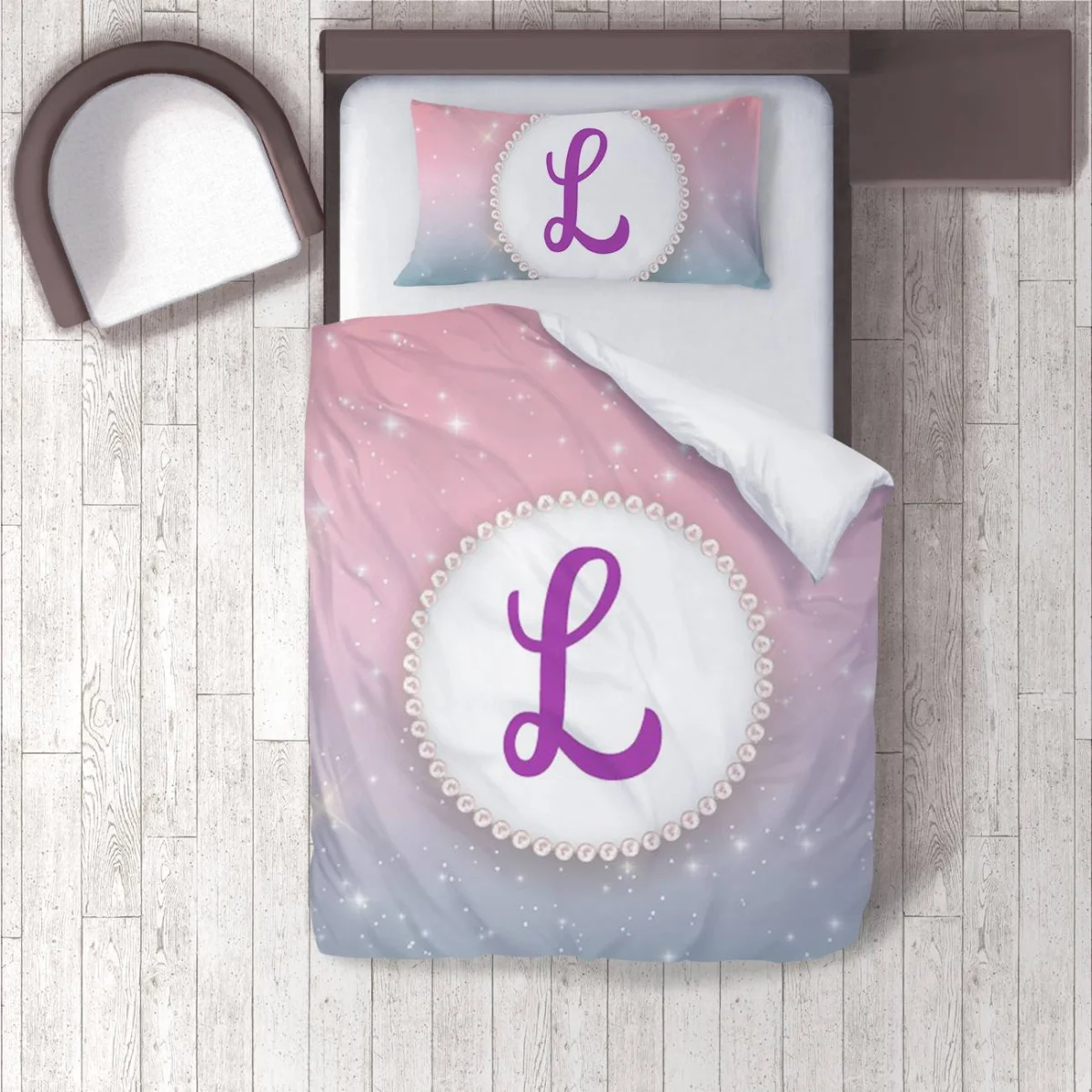 Kişiye Özel Harf Nevresim Takımı | Pembe yıldız, parıltı Desenli