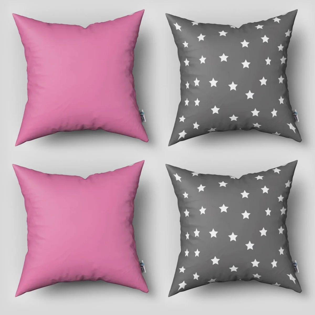 Yıldız 4lü Kırlent | Pembe Gri kısımda beyaz yıldızlar Desenli