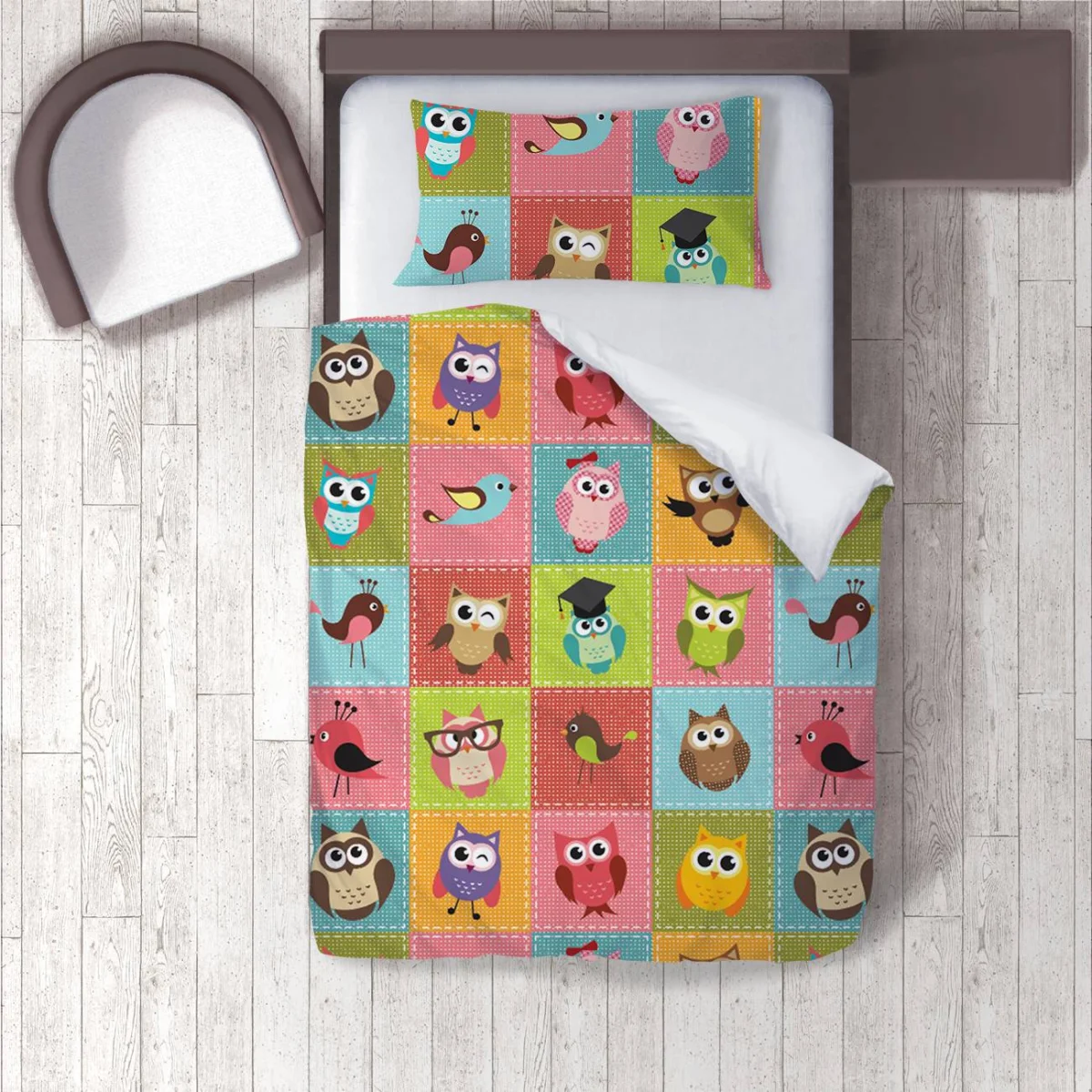 Baykuşlar Nevresim Takımı | Çok renkli Patchwork desen, dikiş izleri Desenli