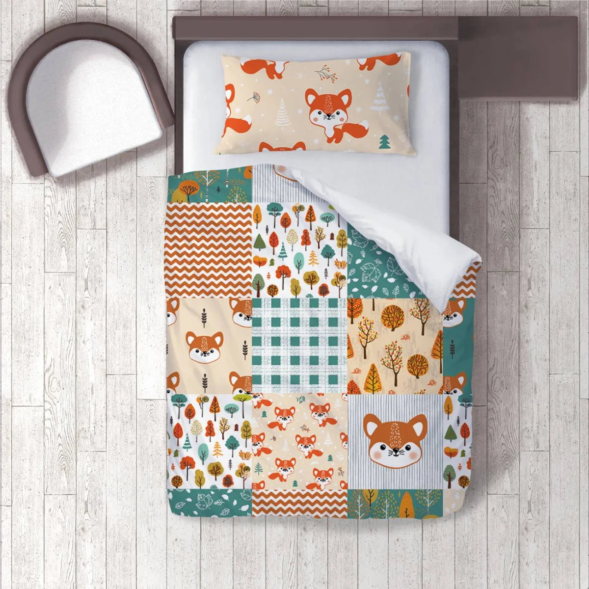 Tilki ve Orman Nevresim Takımı | Bej Yama işi, ağaçlar Desenli