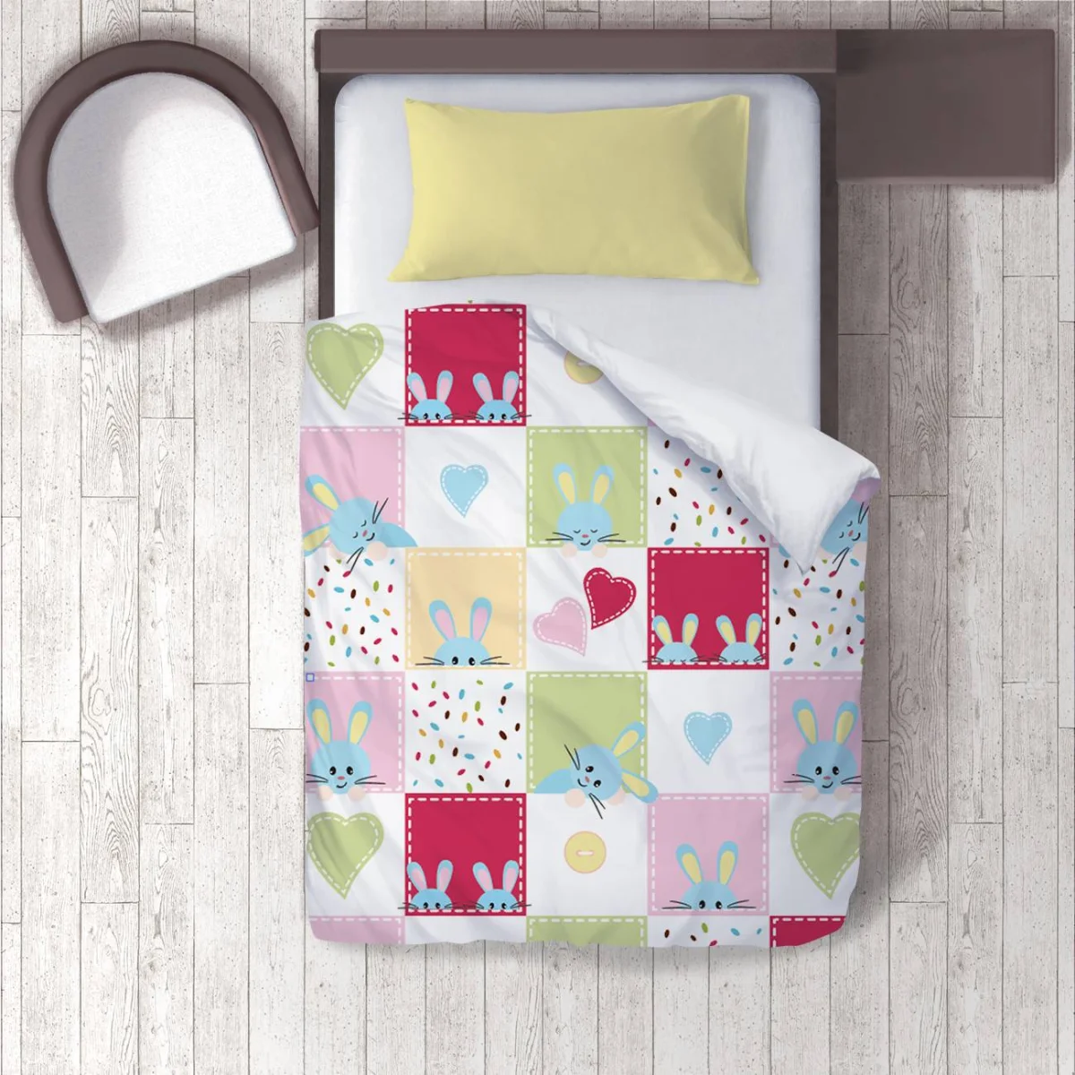 Tavşanlar Nevresim Takımı | Beyaz kalpler, renkli konfeti Desenli