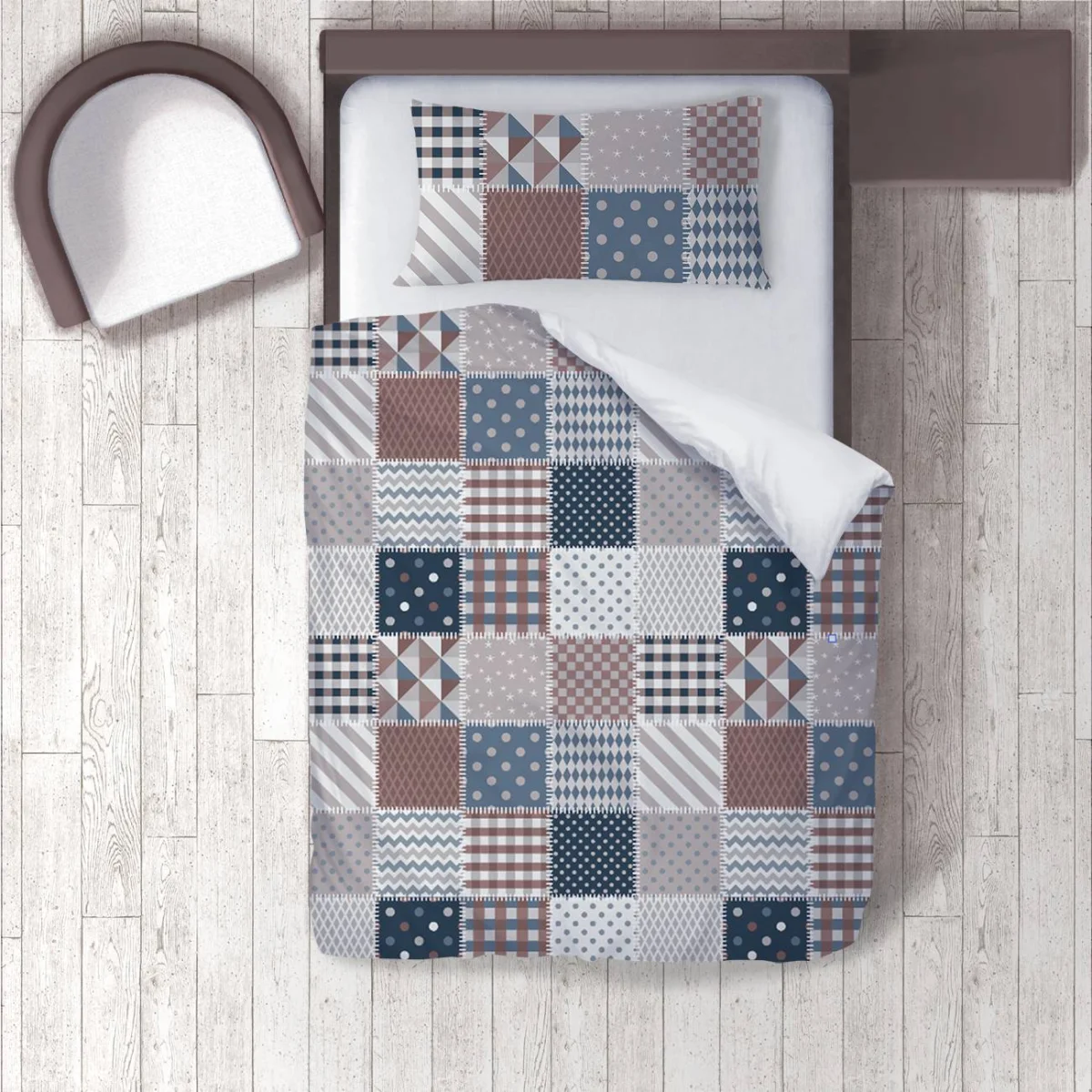 Patchwork Nevresim Takımı | Mavi, kahverengi, gri Yıldız, puantiye Desenli