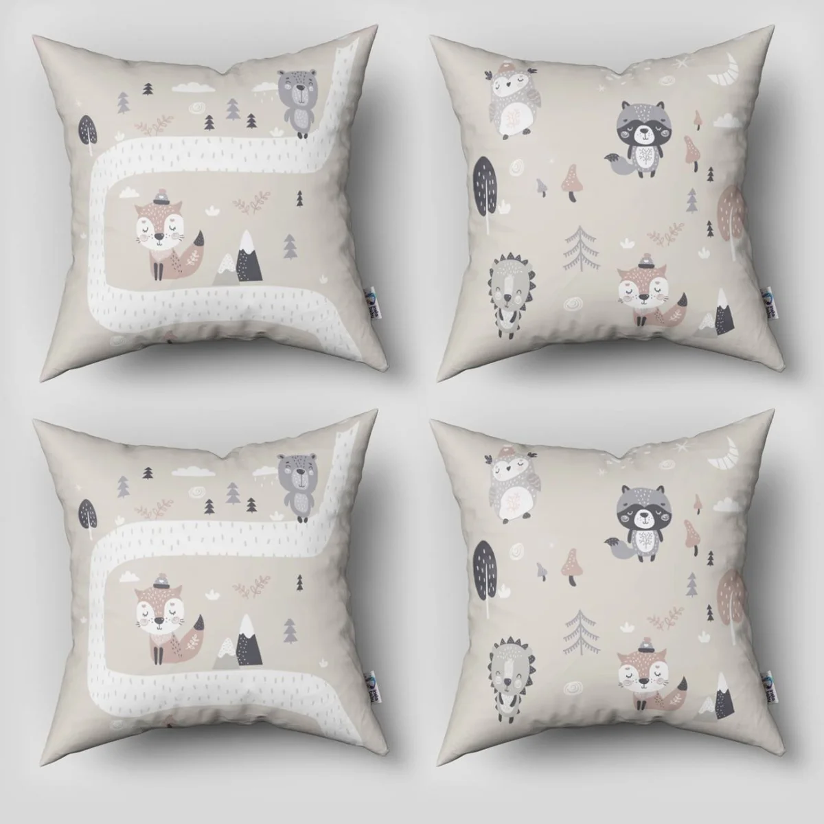 Orman Hayvanları 4lü Kırlent | Bej Yol, ağaçlar Desenli