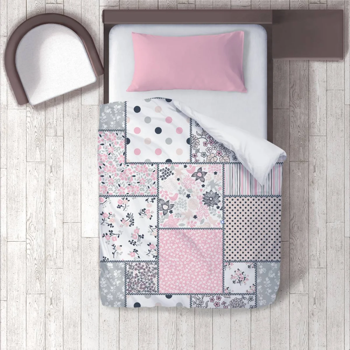 Çiçekler ve Kuşlar Nevresim Takımı | Pembe, Beyaz, Gri Patchwork, puantiyeler Desenli