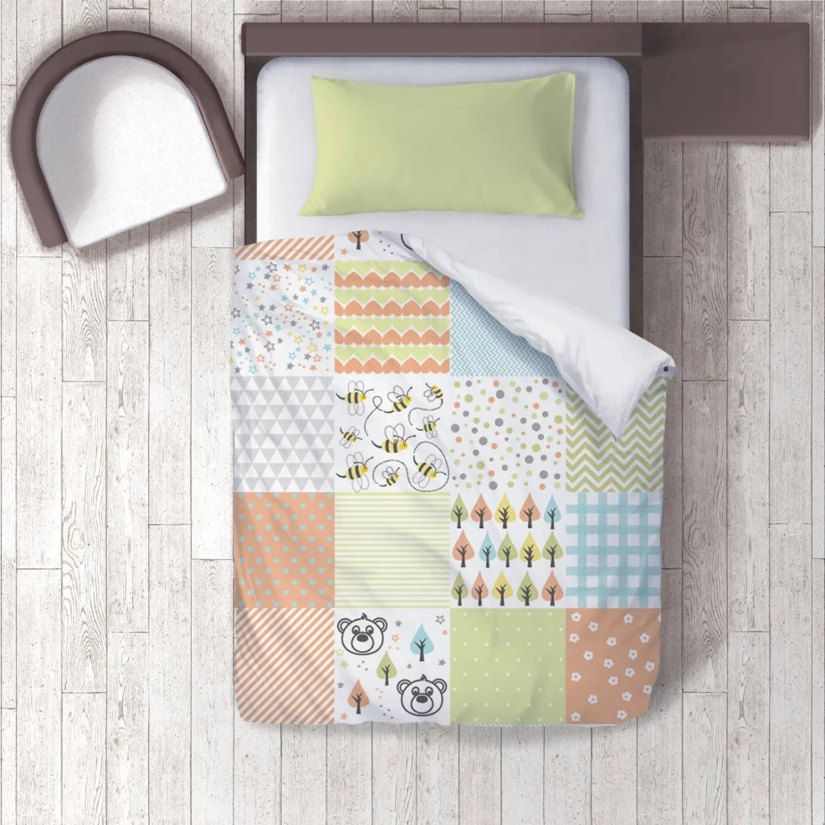 Doğa temalı Nevresim Takımı | Beyaz Arı, ayı Desenli