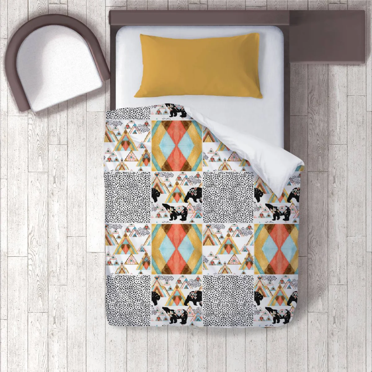 Ayılar, Çadırlar, Orman Temalı Nevresim Takımı | Beyaz geometrik şekiller, puantiyeler Desenli