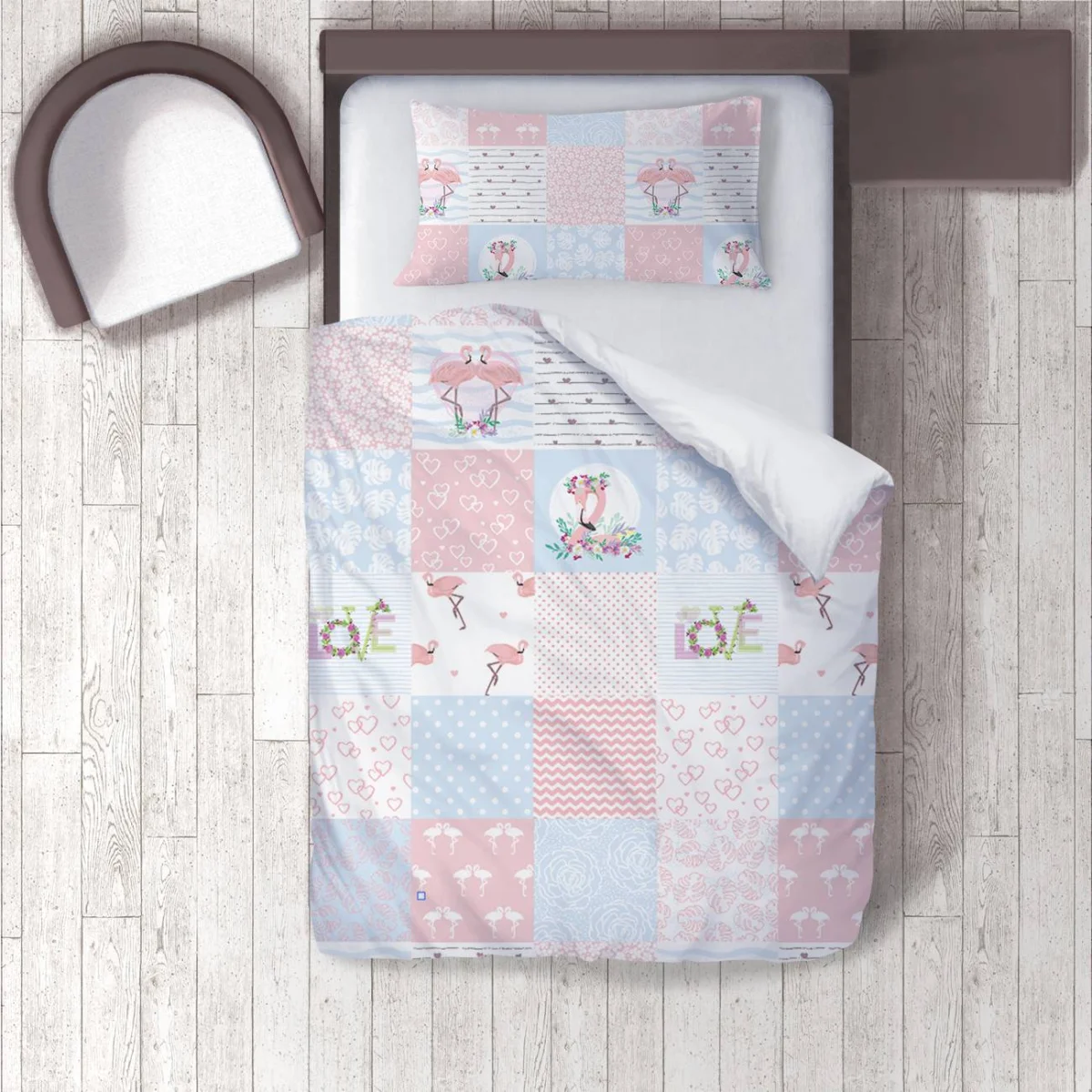 Flamingolar Nevresim Takımı | Pembe, Mavi kalpler, puantiyeler Desenli