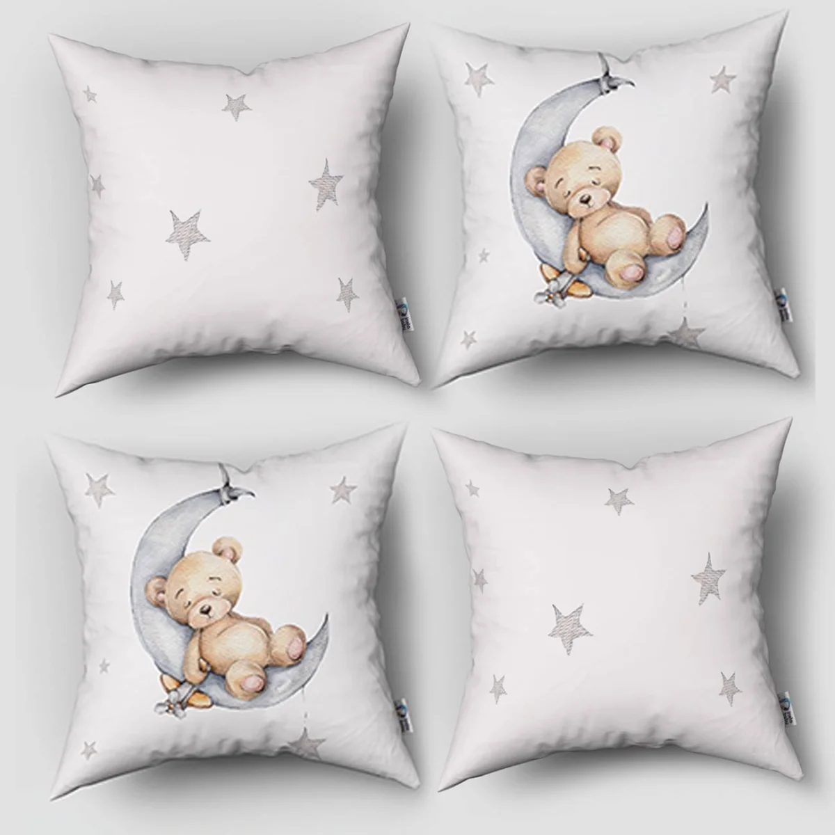 Uyuyan ayıcık ve ay 4lü Kırlent | Beyaz Yıldızlar, küçük uçak Desenli