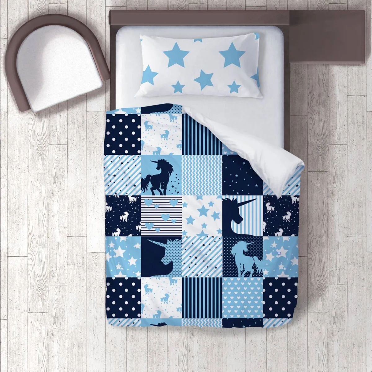 Unicorn Nevresim Takımı | Mavi yıldız, puantiye Desenli