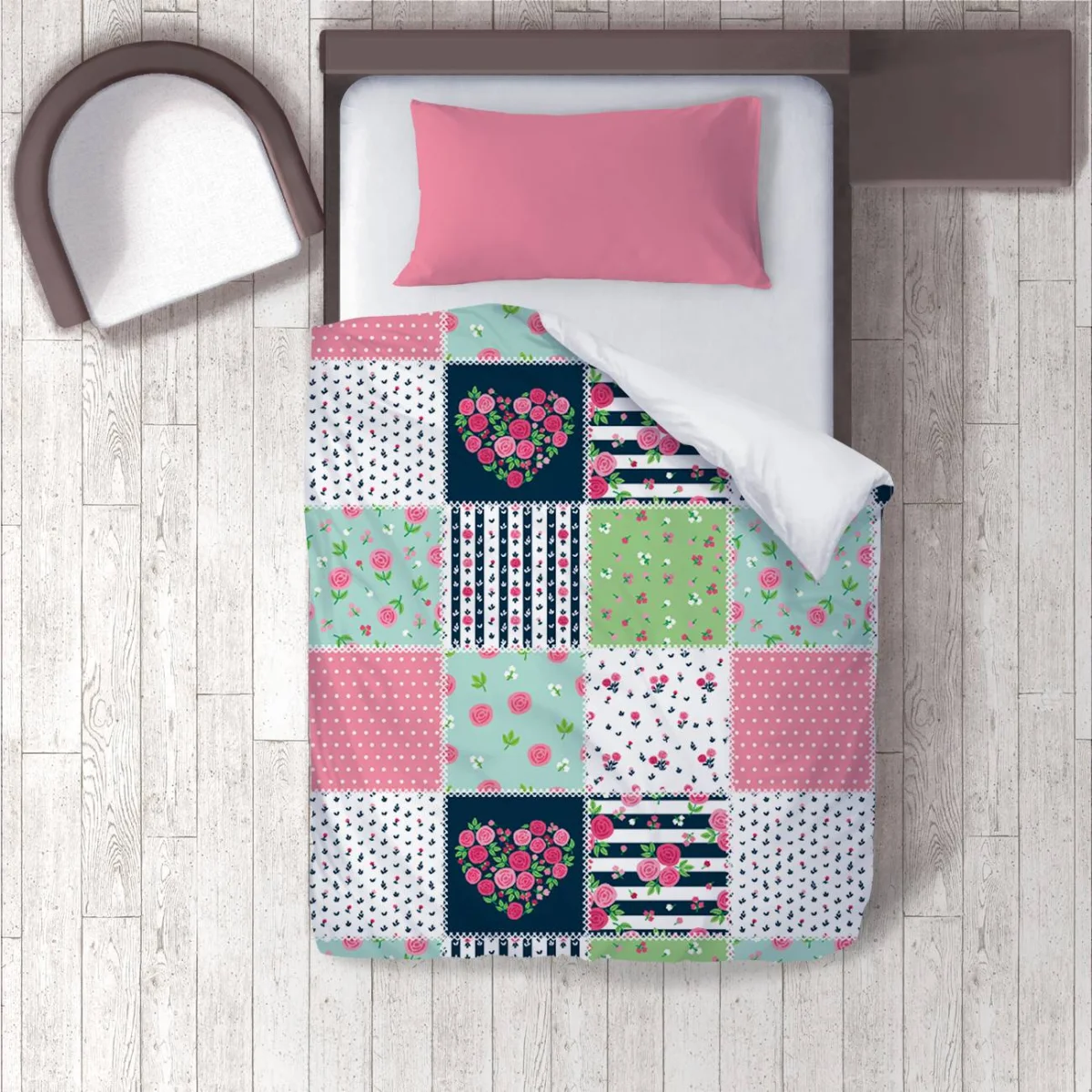 Gül Nevresim Takımı | Pembe kalp, puantiye Desenli