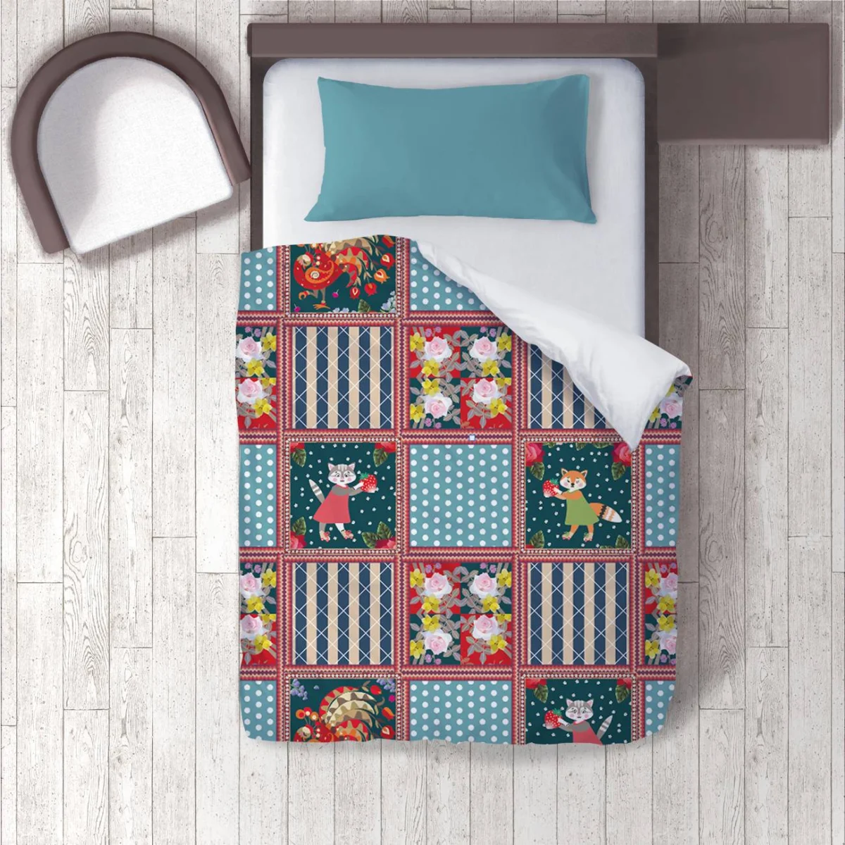 Hayvanlar Nevresim Takımı | Çok Renkli Patchwork, çiçekler Desenli