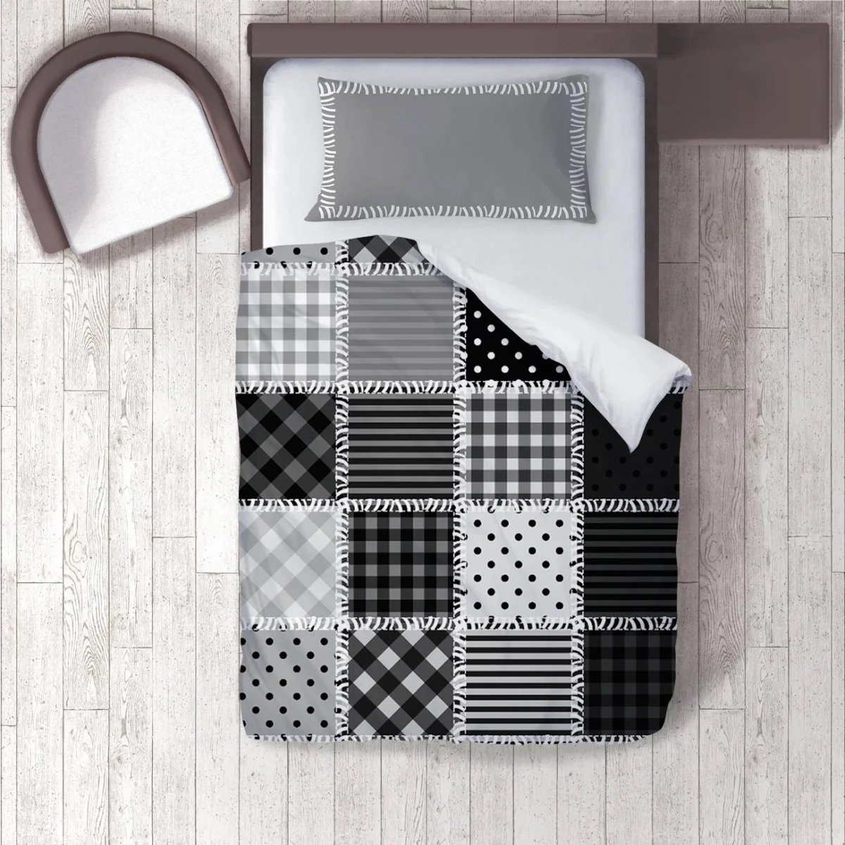 Patchwork Nevresim Takımı | Siyah, beyaz, gri Ekose, çizgili Desenli