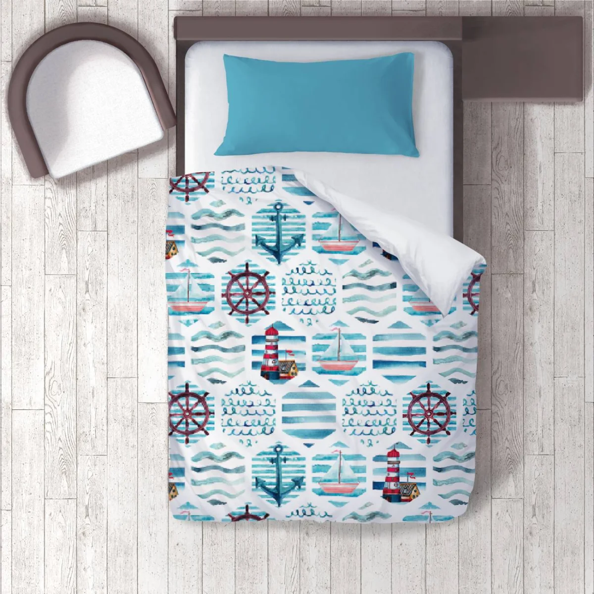 Denizci Nevresim Takımı | Beyaz çapa, dümen Desenli