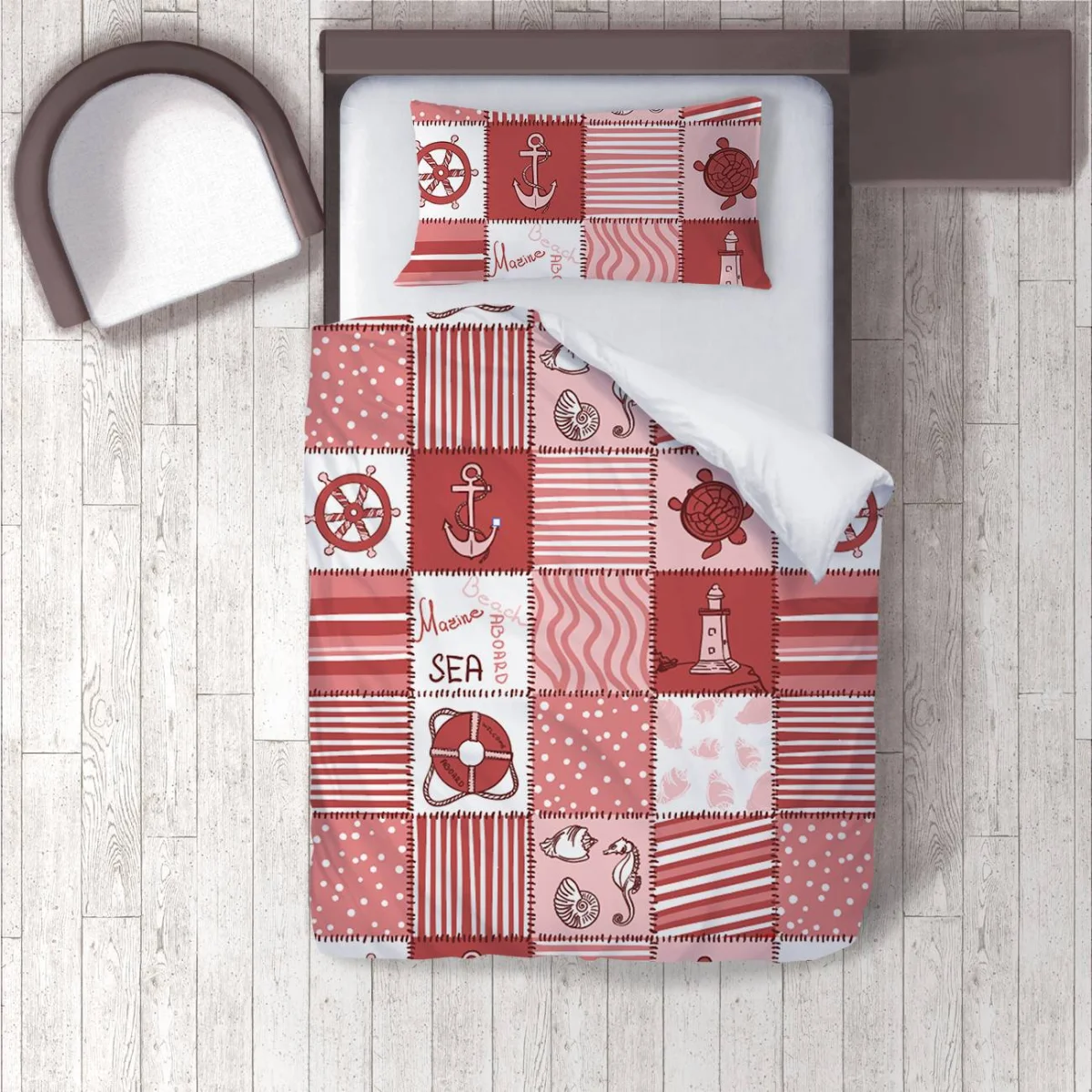 Denizcilik Nevresim Takımı | Kırmızı-Beyaz Gemi dümeni, çapa Desenli