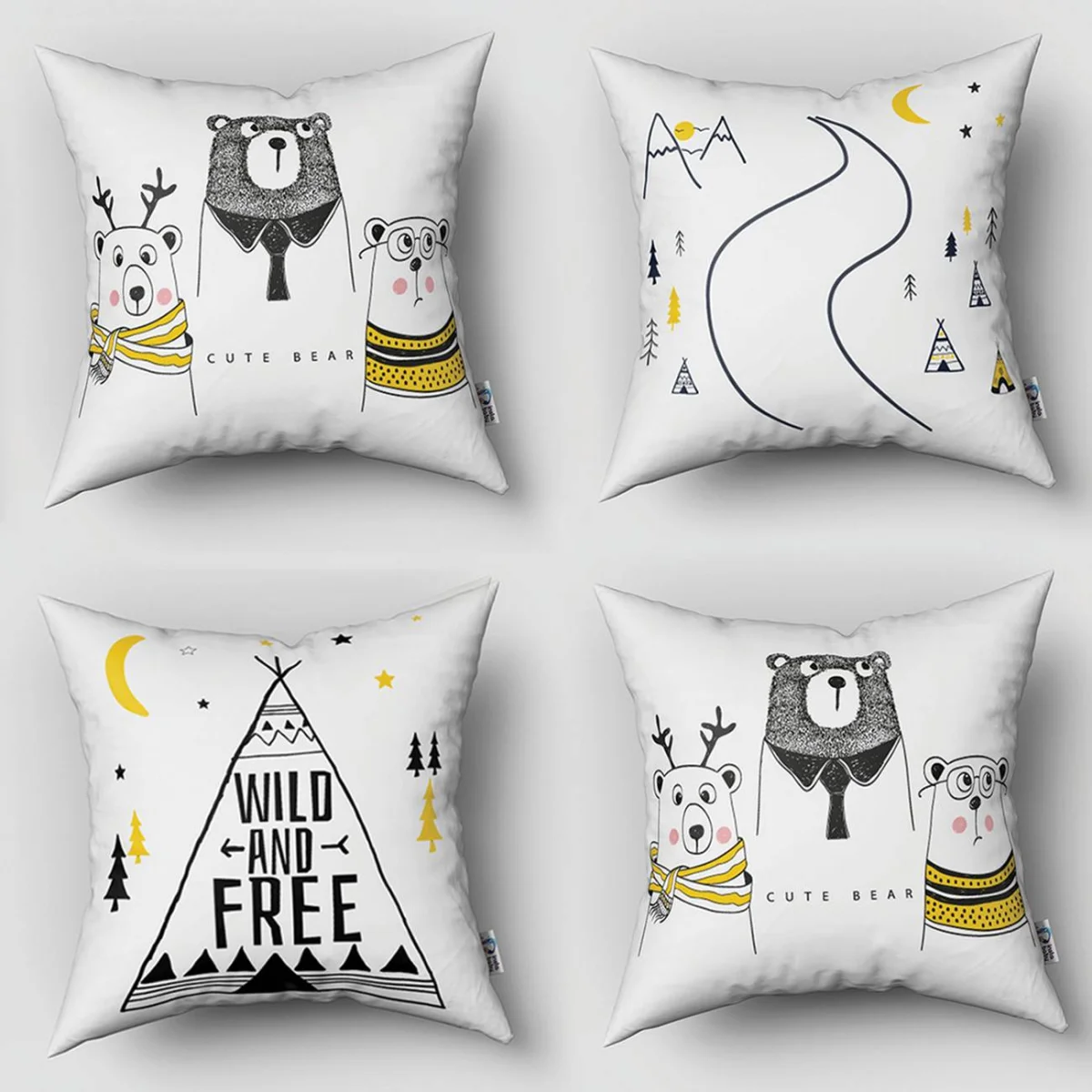 Ayılar 4lü Kırlent | Beyaz Dağlar, ağaçlar Desenli