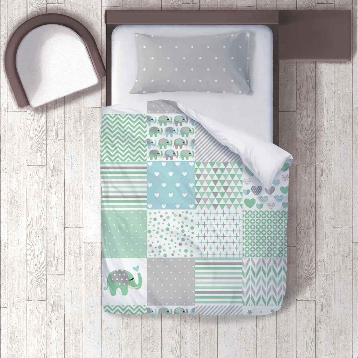 Fil Nevresim Takımı | Yeşil Kalp, puantiye Desenli