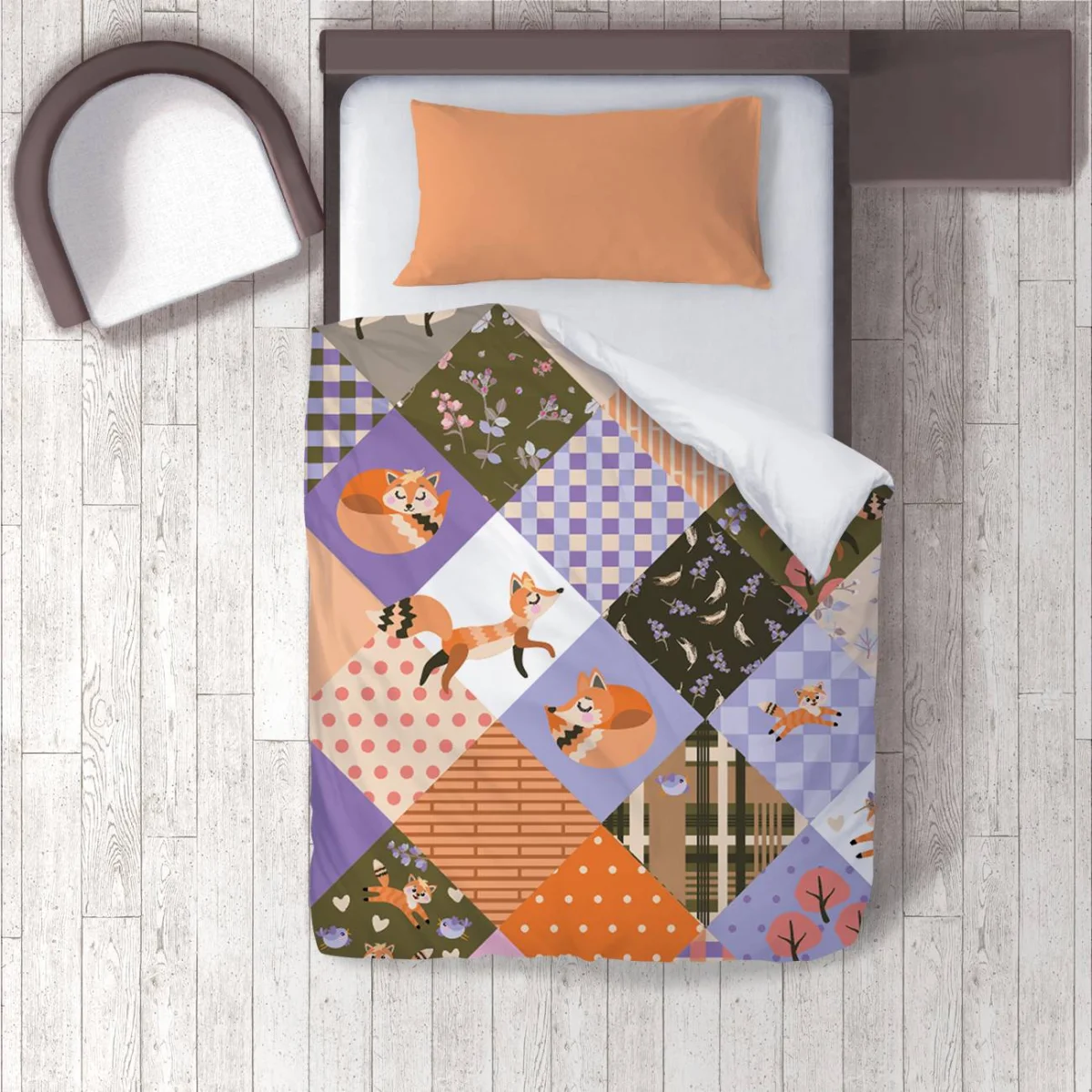 Tilki Nevresim Takımı | Turuncu Tilkiler, çiçekler Desenli