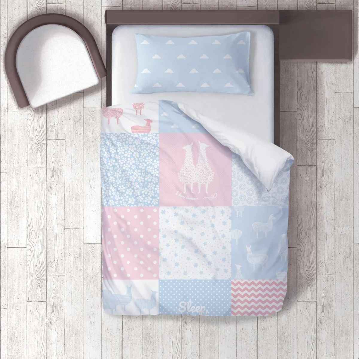 Lama ve koyunlar Nevresim Takımı | Pembe ve Mavi Bulut, yıldız Desenli