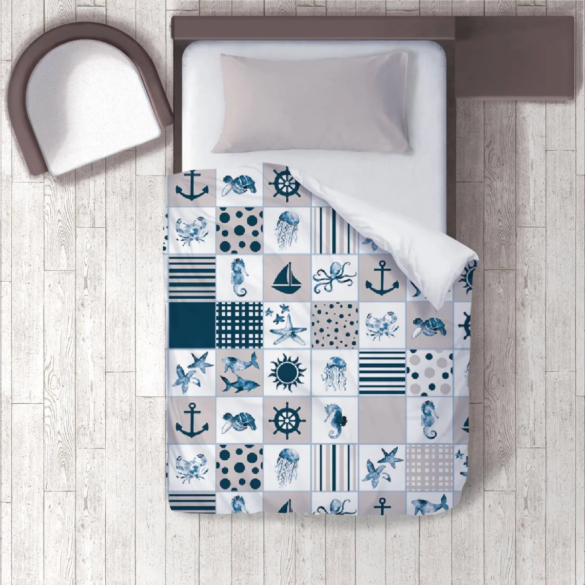 Denizcilik Teması Nevresim Takımı | Mavi Patchwork, çizgili Desenli