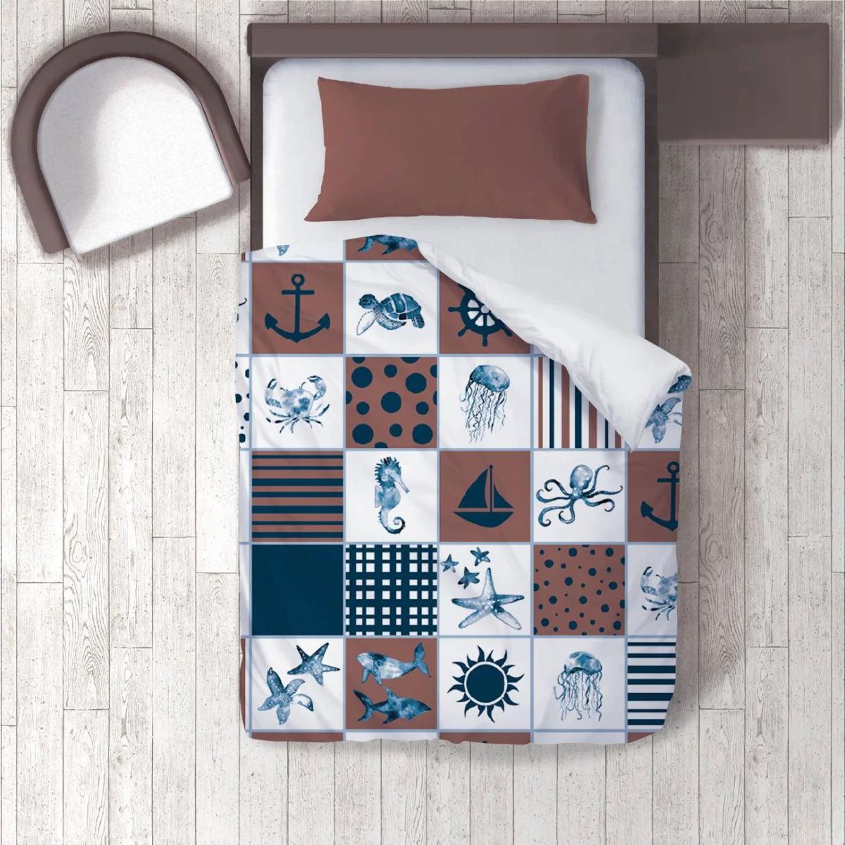 Deniz Teması Nevresim Takımı | Kahverengi, Beyaz Deniz canlıları, çizgili Desenli