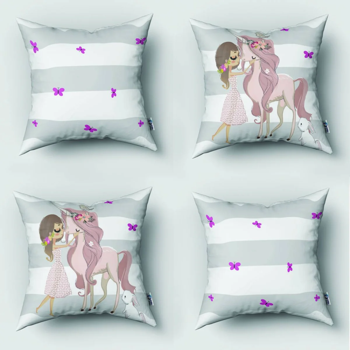 Unicorn 4lü Kırlent | Beyaz kız, kuş Desenli