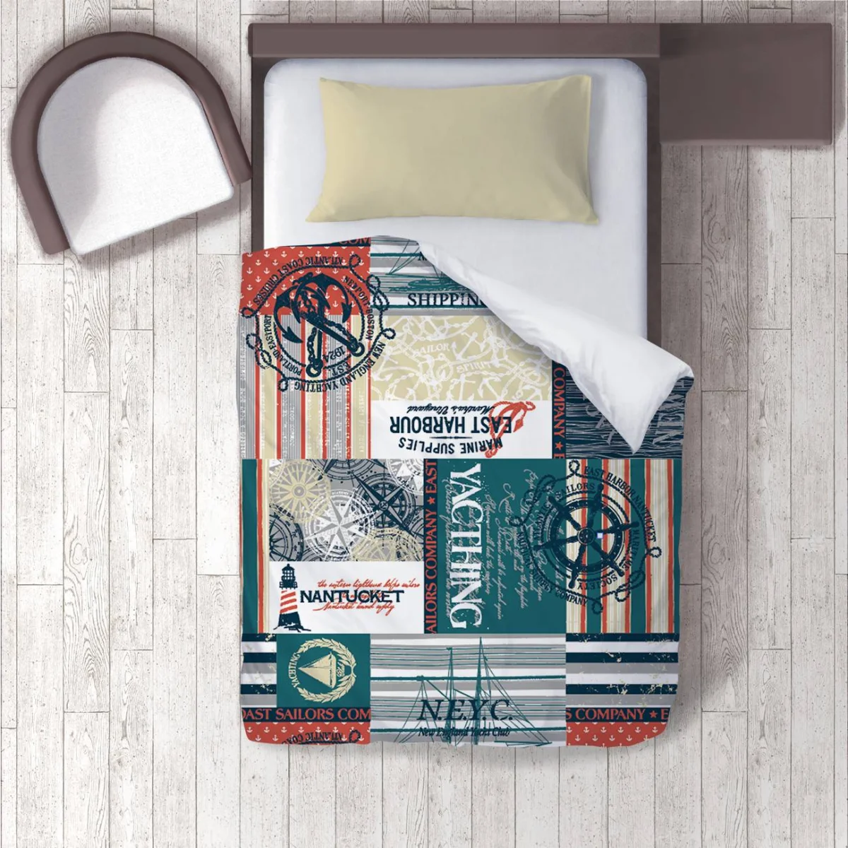 Denizcilik Nevresim Takımı | Mavi Çapalar, pusulalar Desenli