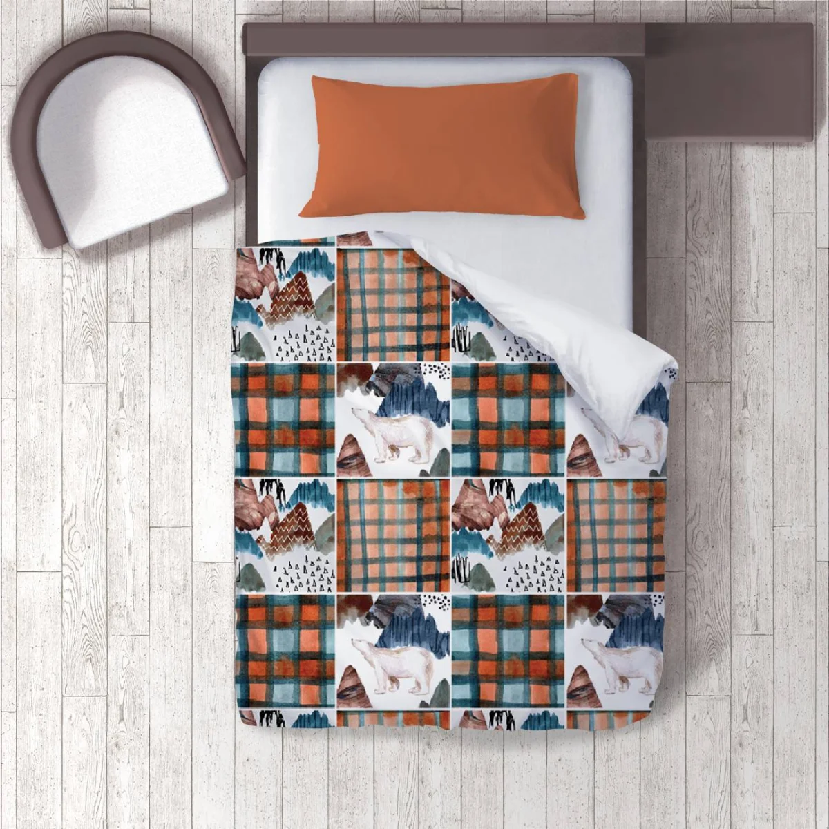 Kutup Ayısı Nevresim Takımı | Beyaz ekose, dağ Desenli