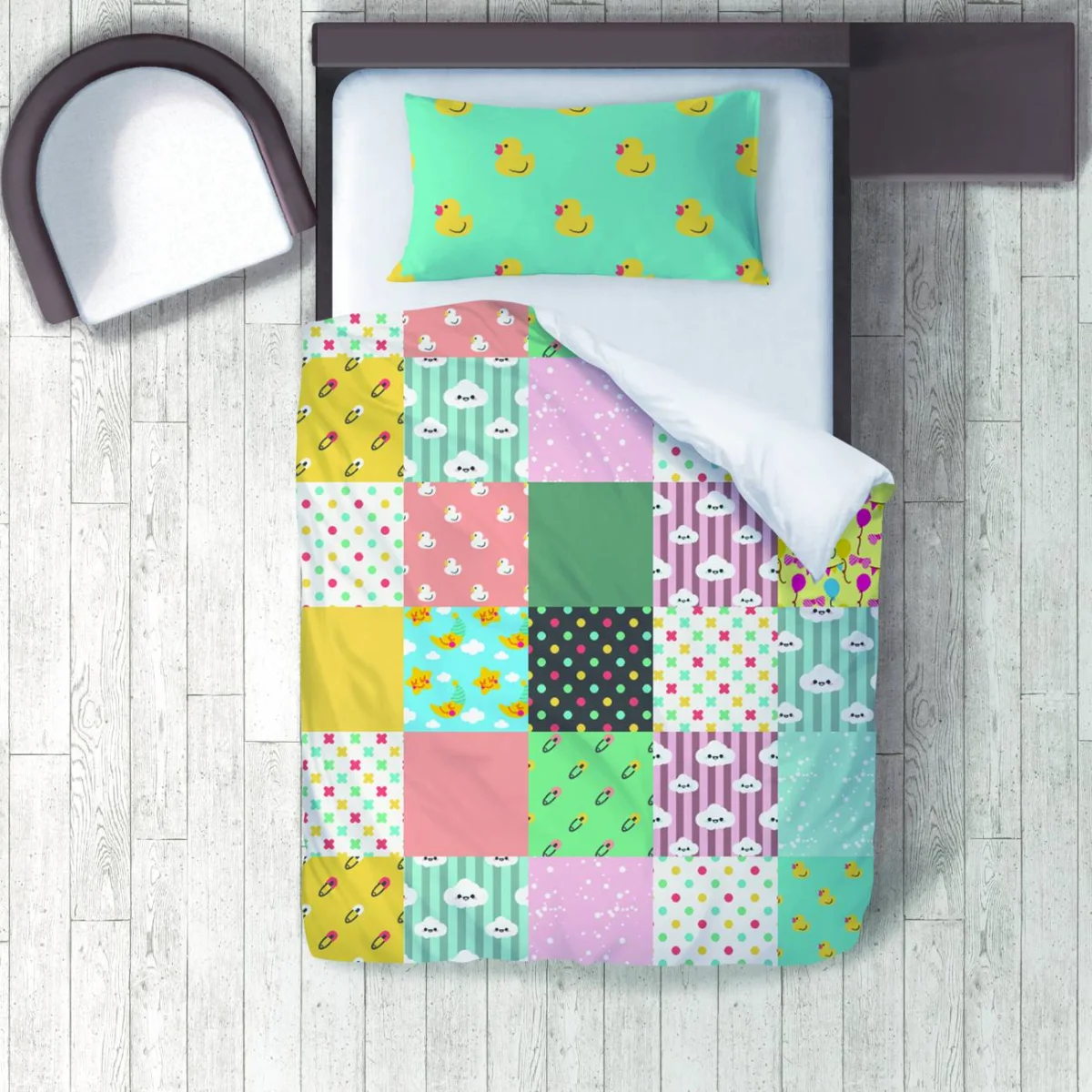 Ördek Nevresim Takımı | Çok Renkli ördek, bulut Desenli