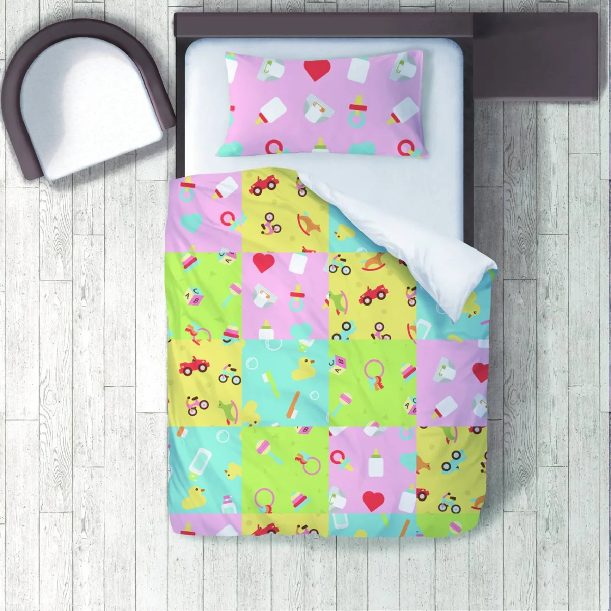 Bebek eşyaları Nevresim Takımı | Çok renkli Kareli bloklar, emzik Desenli