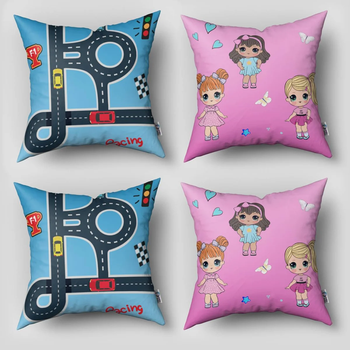 Prensesler, Arabalar, Yol Haritası 4lü Kırlent | Pembe, Mavi yıldızlar, trafik ışıkları Desenli