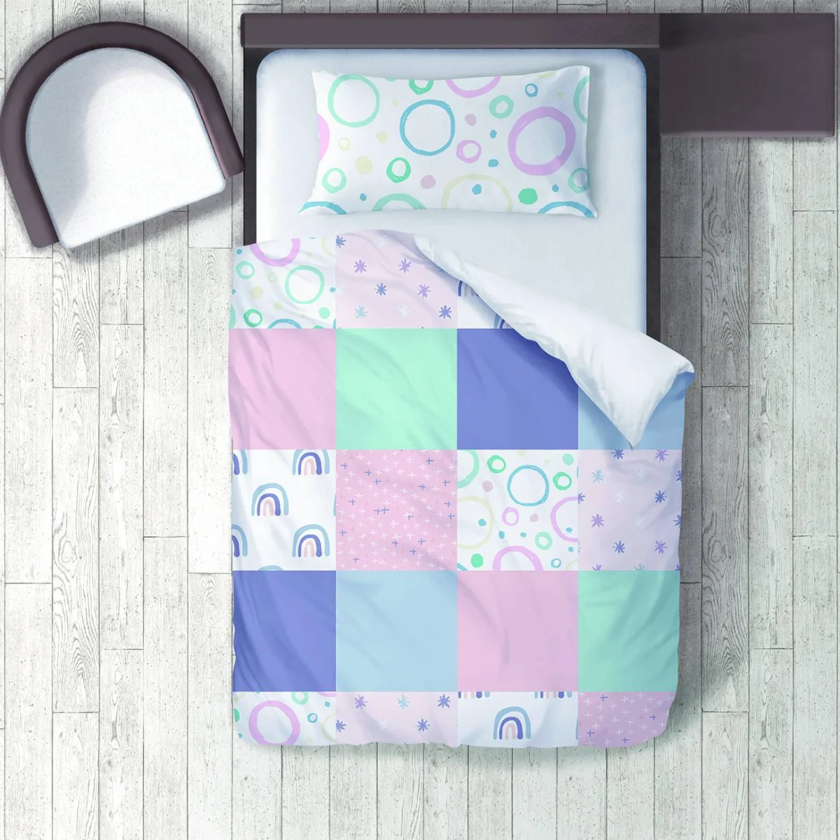 Gökkuşağı Nevresim Takımı | Çok renkli pastel Yıldızlar, daireler Desenli
