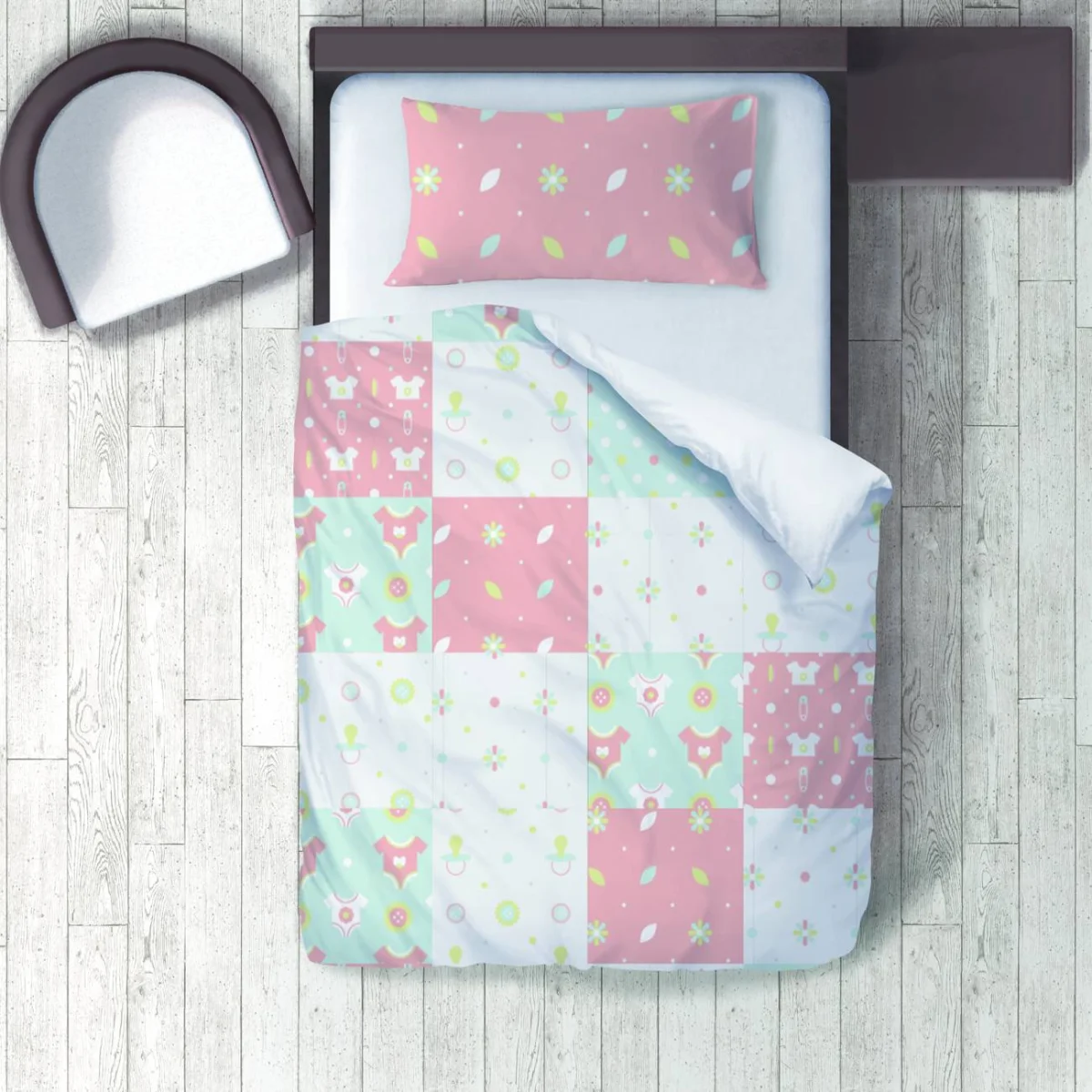 Bebek ürünleri Nevresim Takımı | Pembe Bebek tulumu, emzik Desenli