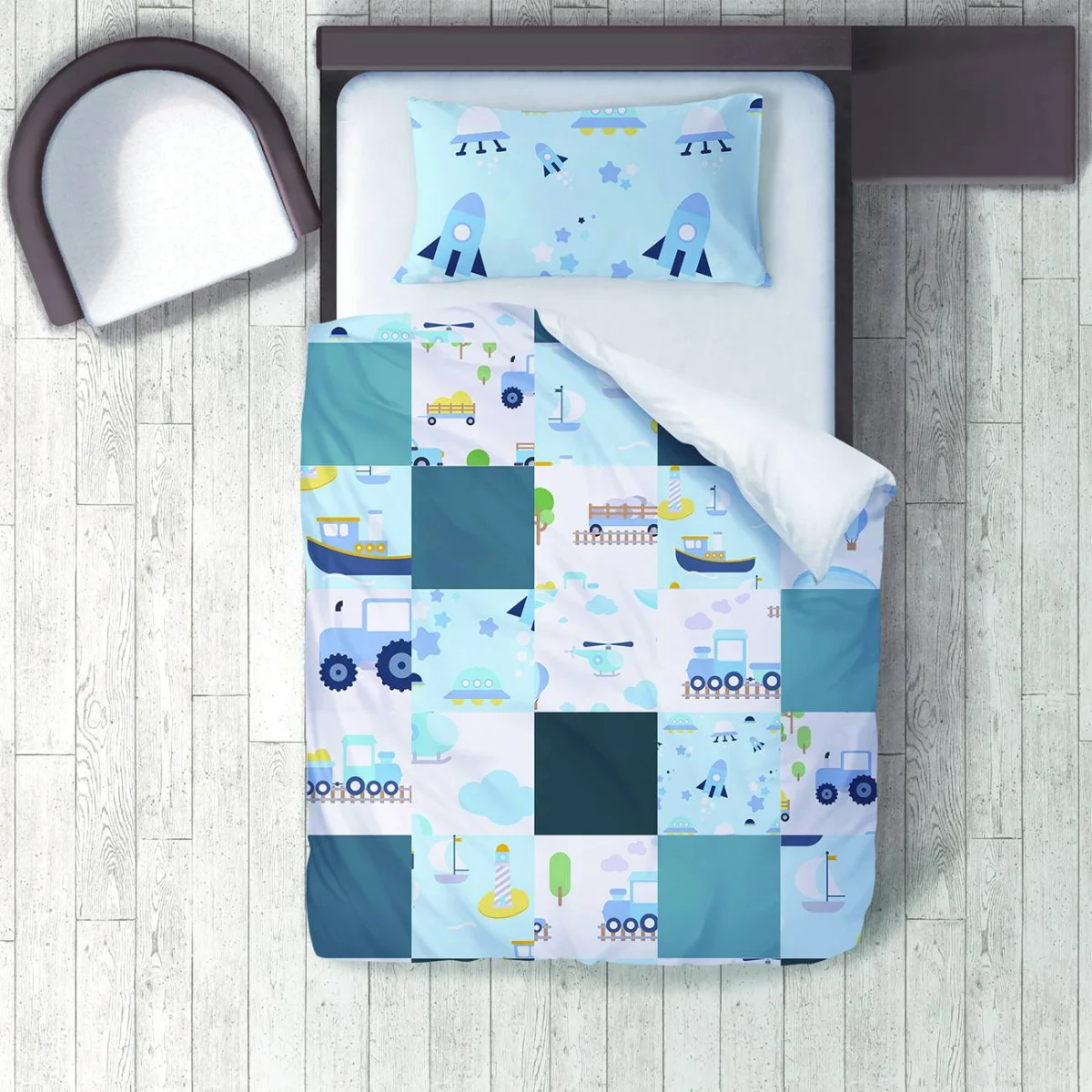 Uzay ve Ulaşım Araçları Nevresim Takımı | Mavi Roket, yıldız Desenli