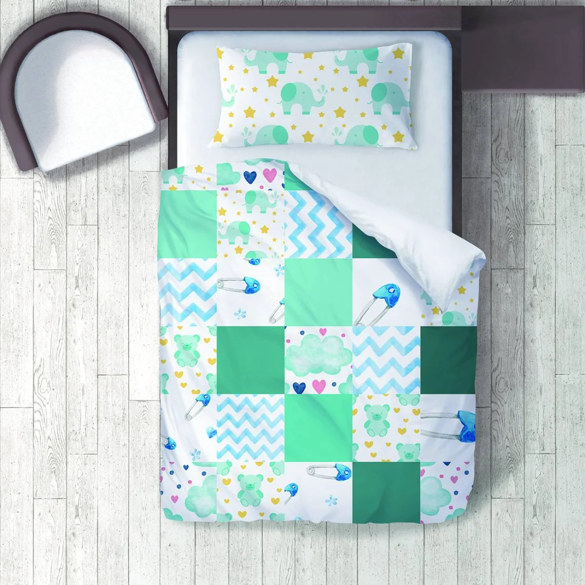 Fil ve Ayıcık Nevresim Takımı | Beyaz Yıldız, bulut Desenli