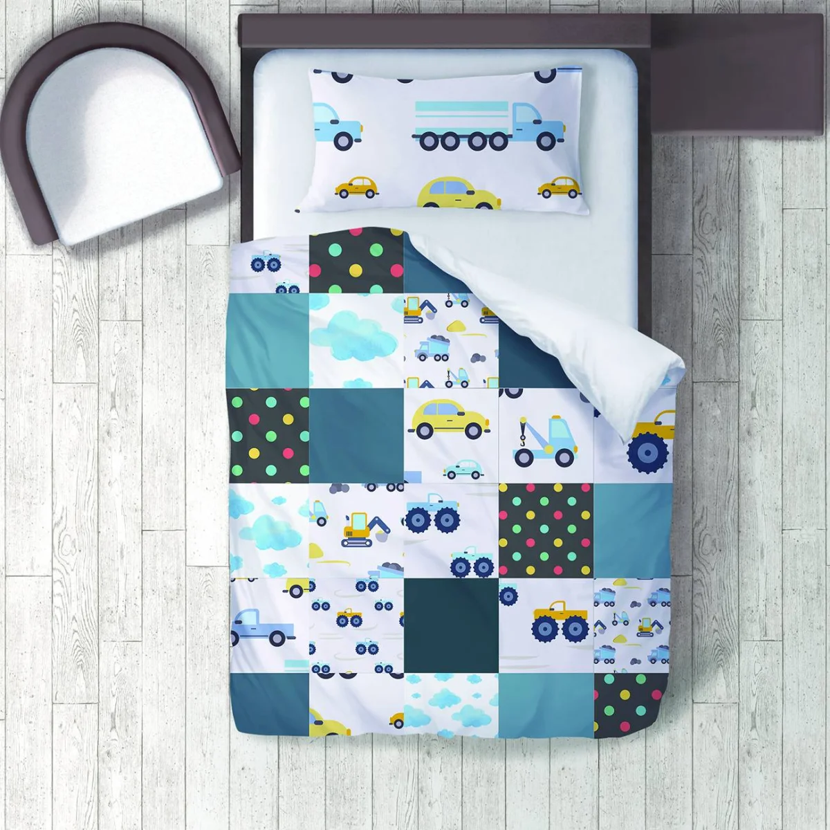 Taşıtlar Nevresim Takımı | Beyaz bulut, puantiye Desenli