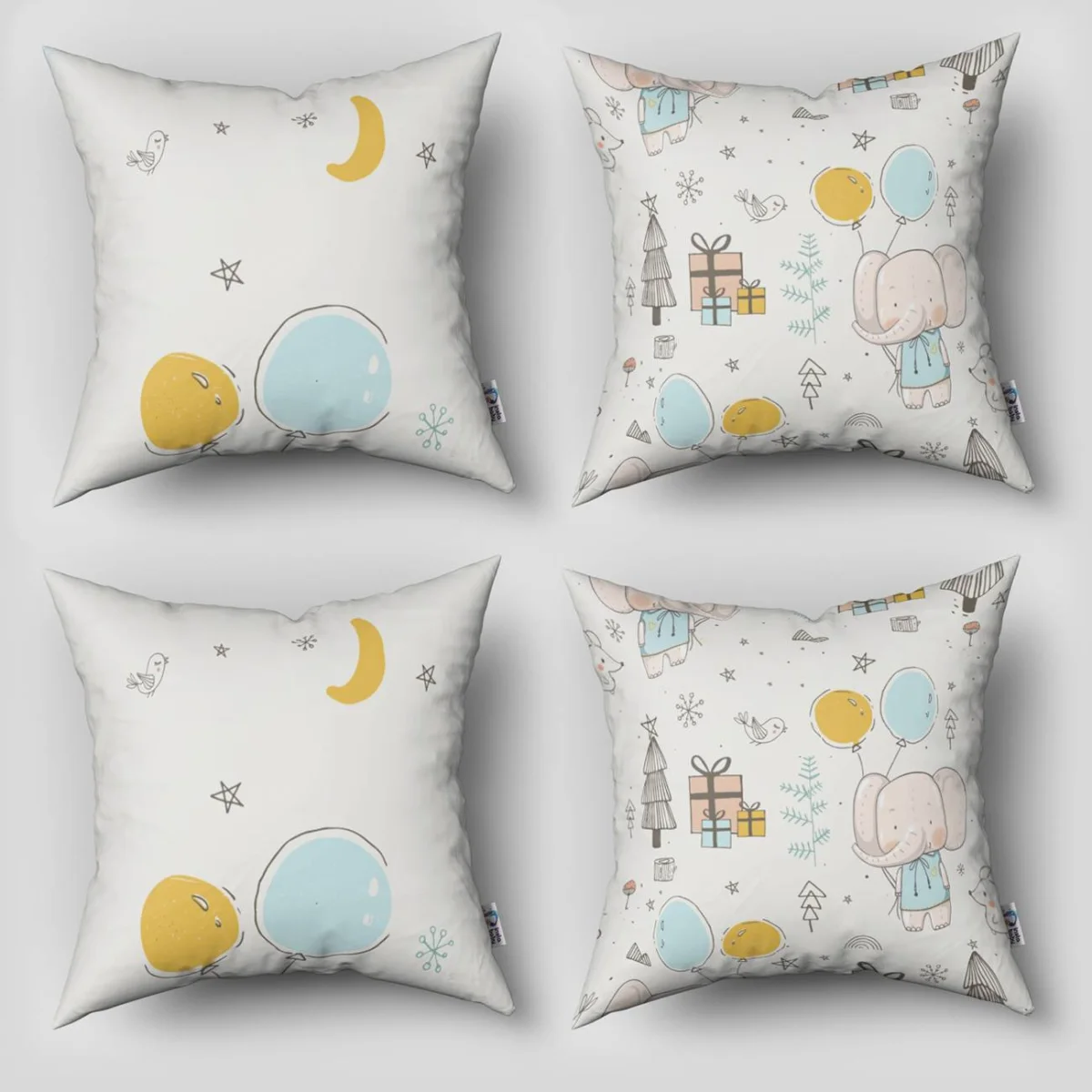 Fil, Orman Hayvanları 4lü Kırlent | Beyaz yıldız, balon Desenli