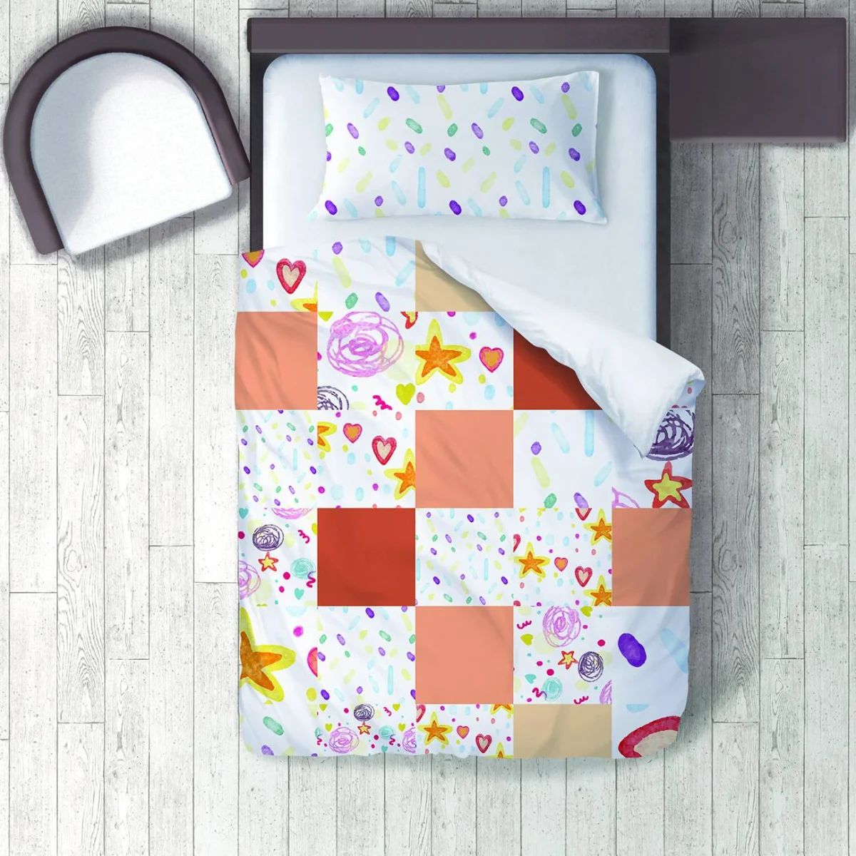 Çocuksu çizimler Nevresim Takımı | Beyaz yıldız, kalp Desenli