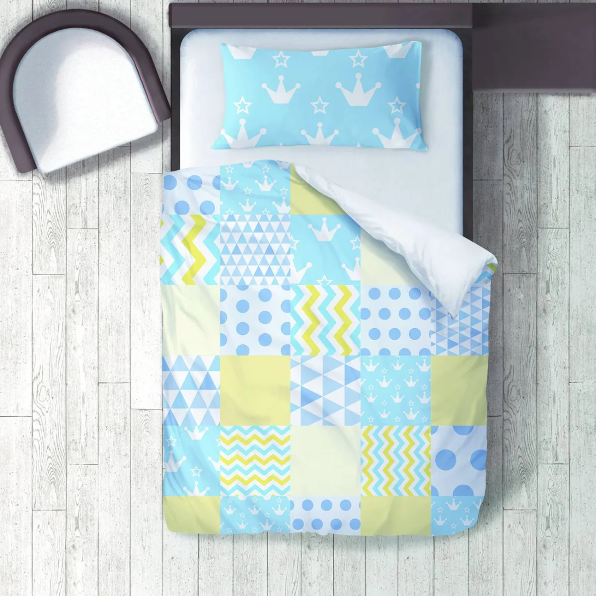 Taçlar ve Yıldızlar Nevresim Takımı | Mavi Taç, yıldız Desenli