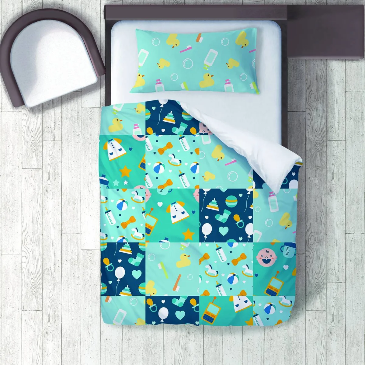 Bebek Eşyaları Nevresim Takımı | Mavi, Yeşil yıldız, balon Desenli