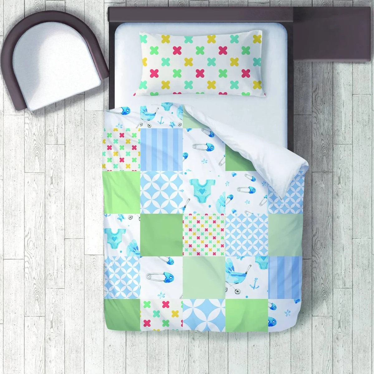 Bebek figürleri Nevresim Takımı | Mavi, Yeşil, Beyaz Patchwork, puset Desenli