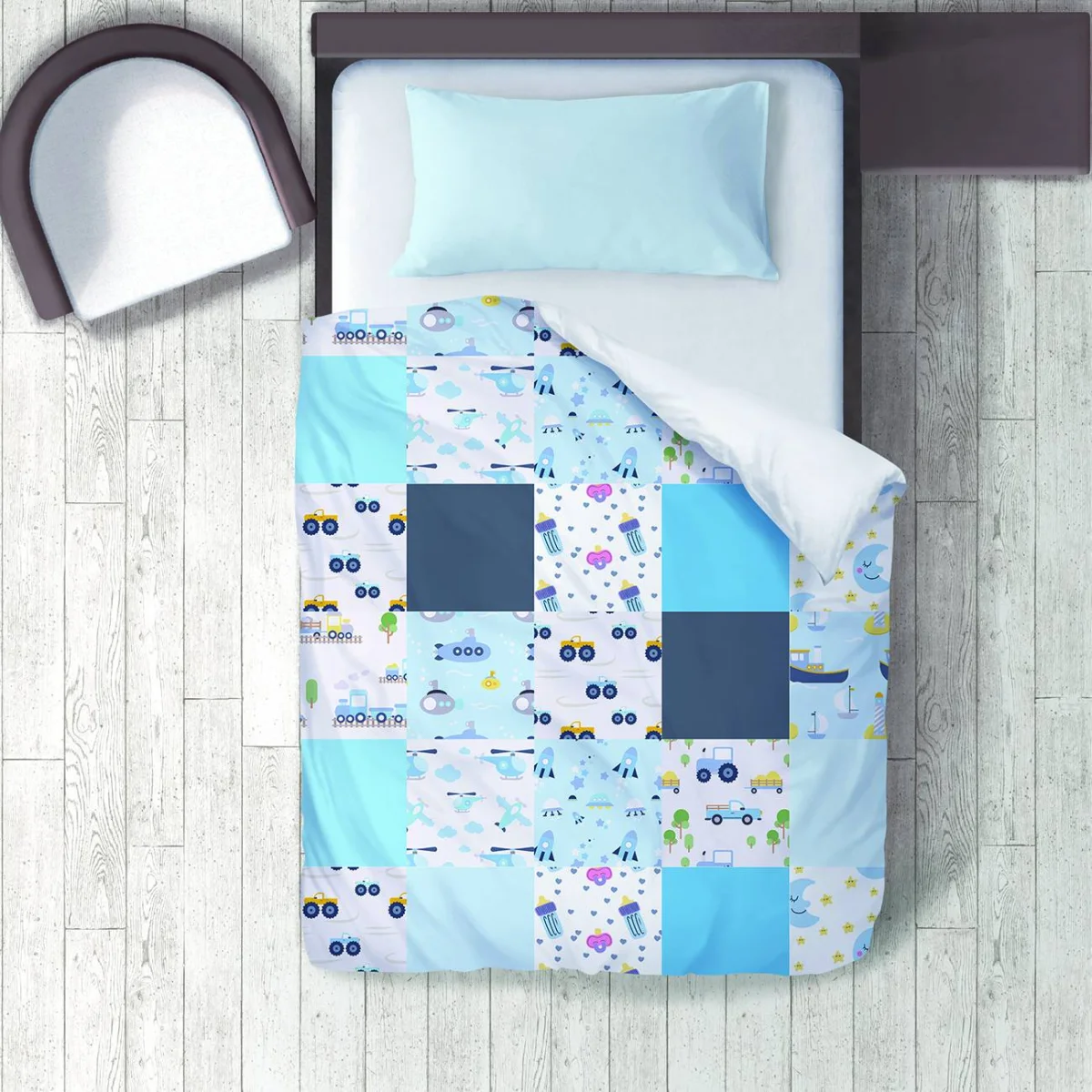 Taşıtlar ve Uzay Nevresim Takımı | Mavi ve Beyaz araçlar, uzay gemileri Desenli