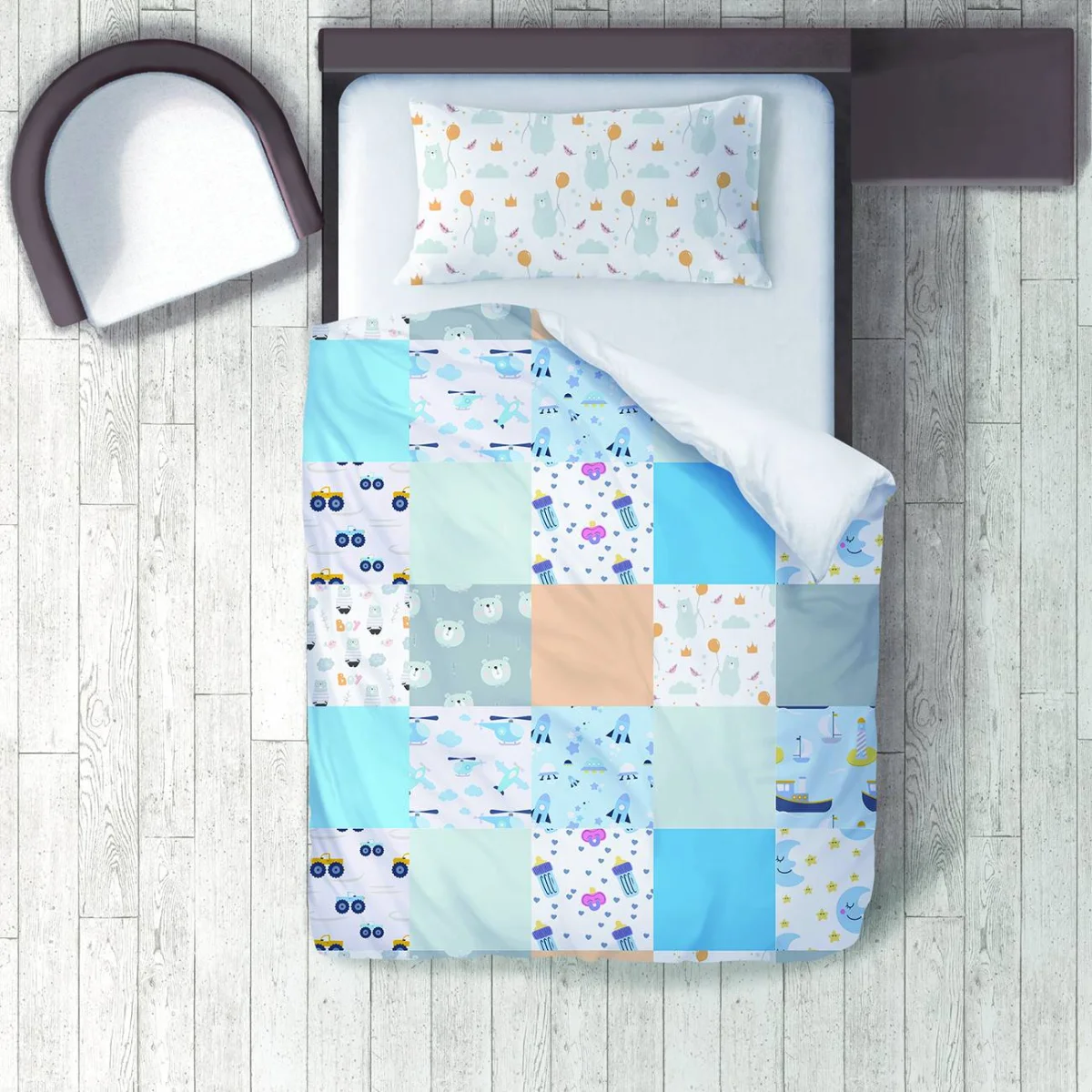 Uzay, Taşıtlar, Ayı Nevresim Takımı | Mavi yıldız, bulut Desenli