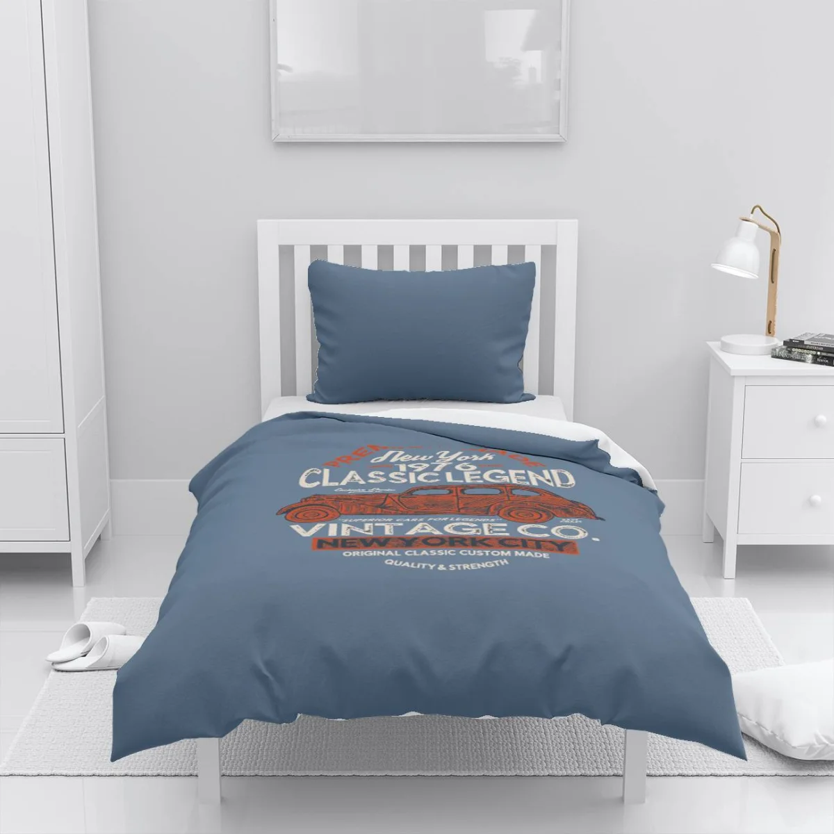 Vintage araba Nevresim Takımı | Mavi Vintage araba grafiği, tipografik yazılar Desenli