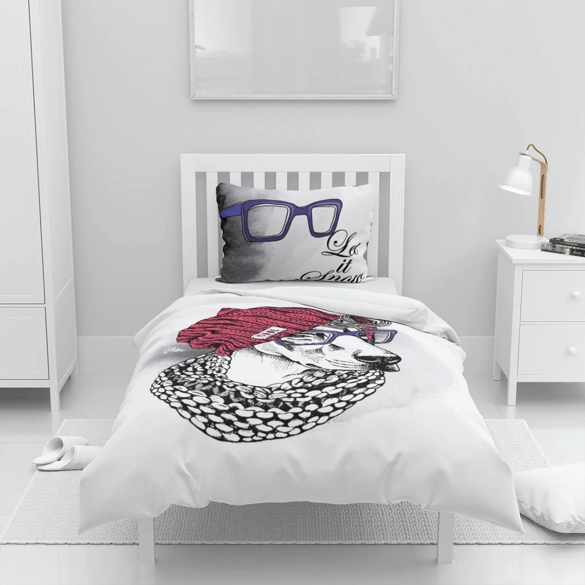 Köpek Nevresim Takımı | Beyaz köpek, gözlük Desenli