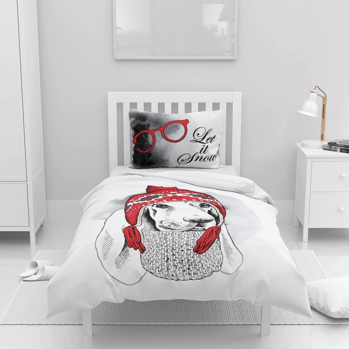 Kış Temalı Köpek Nevresim Takımı | Beyaz kırmızı bere, atkı Desenli