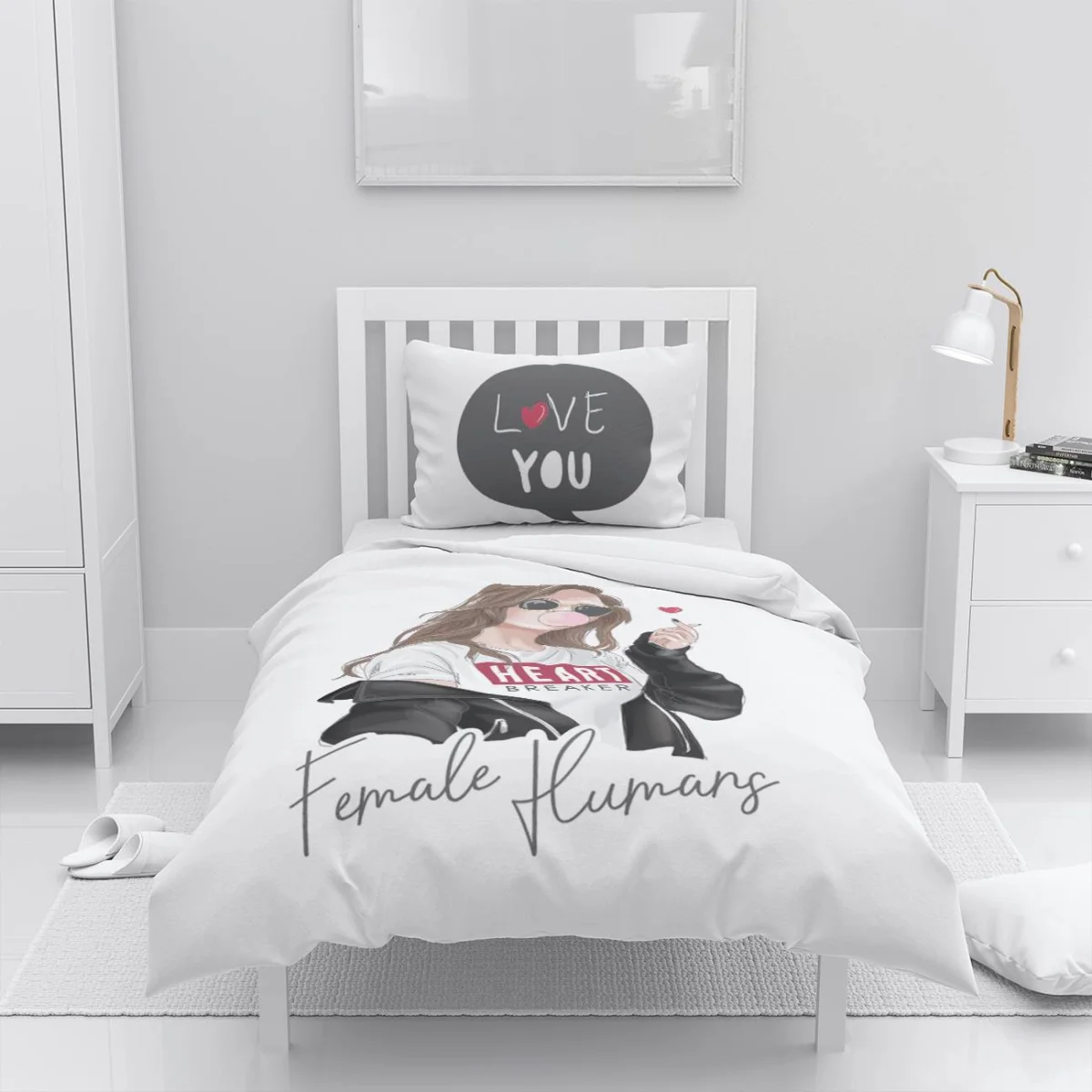 Genç kız karakteri Nevresim Takımı | Beyaz Genç kız illüstrasyonu, metin Desenli