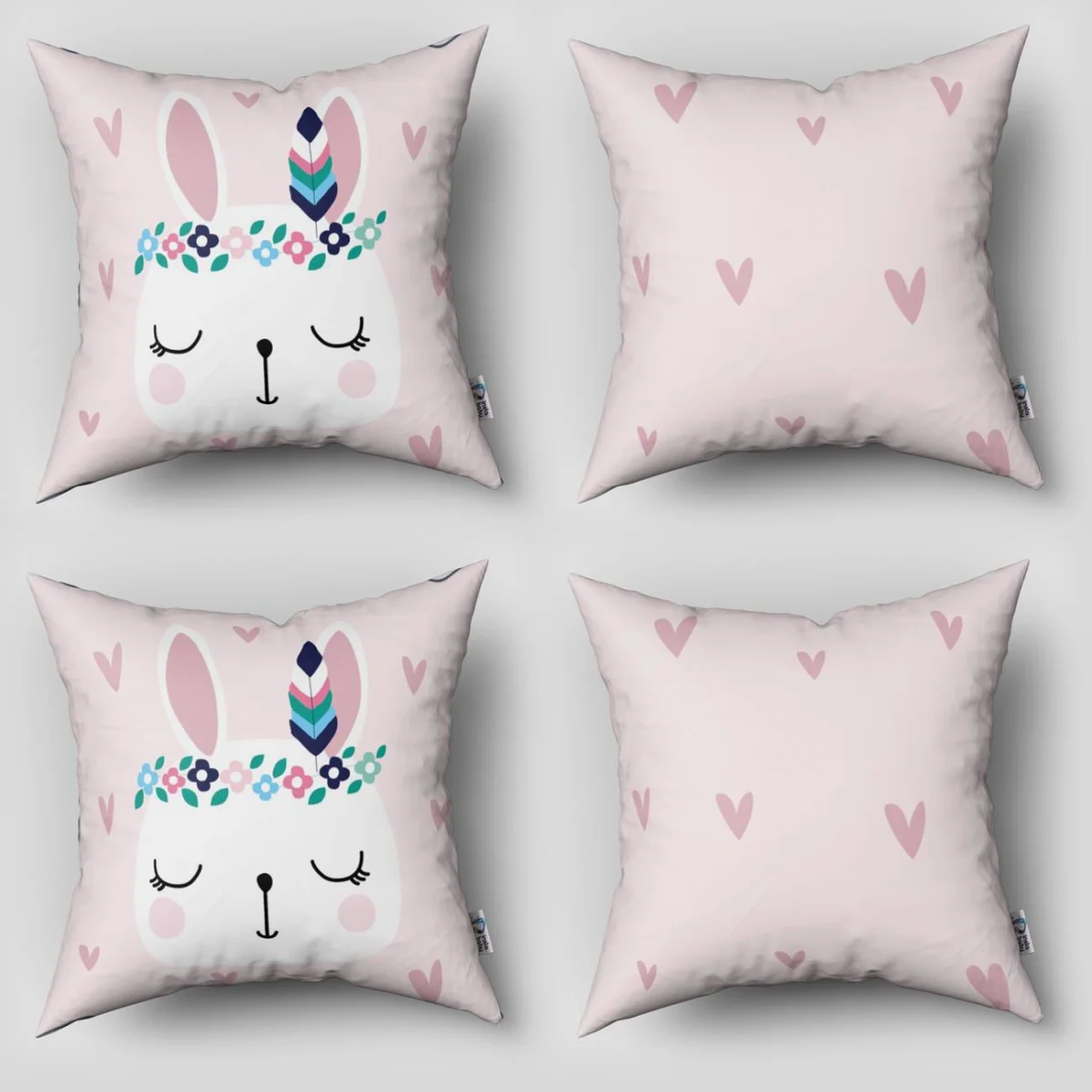 Tavşan 4lü Kırlent | Pembe Kalpler, çiçekler Desenli