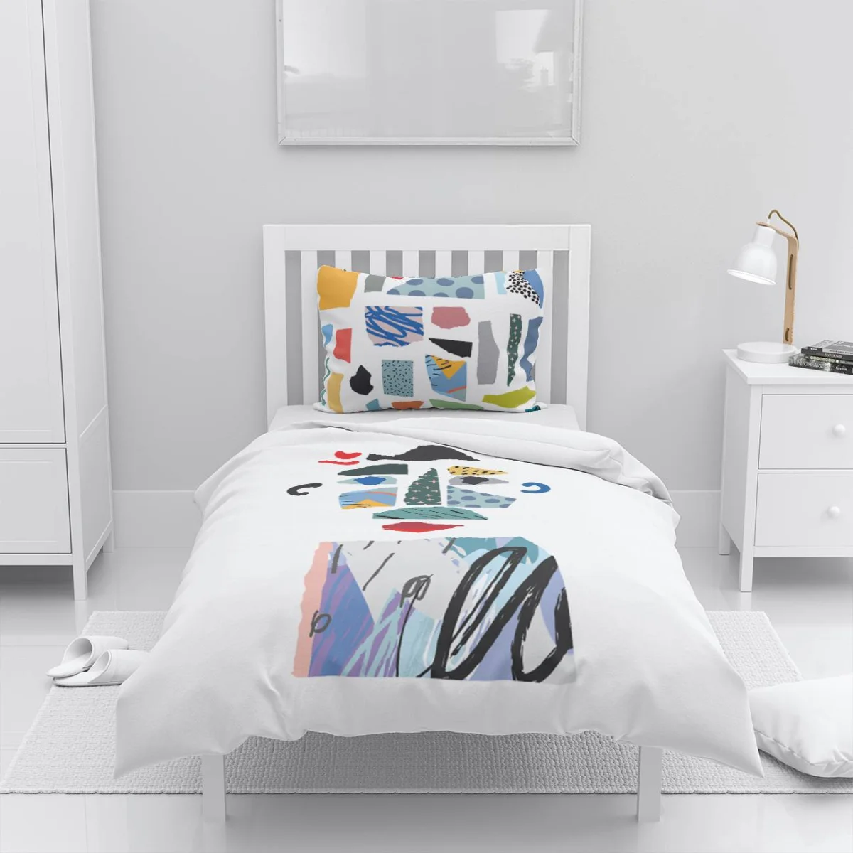 Modern soyut desenler Nevresim Takımı | Beyaz Çok renkli soyut şekiller, fırça darbeleri Desenli