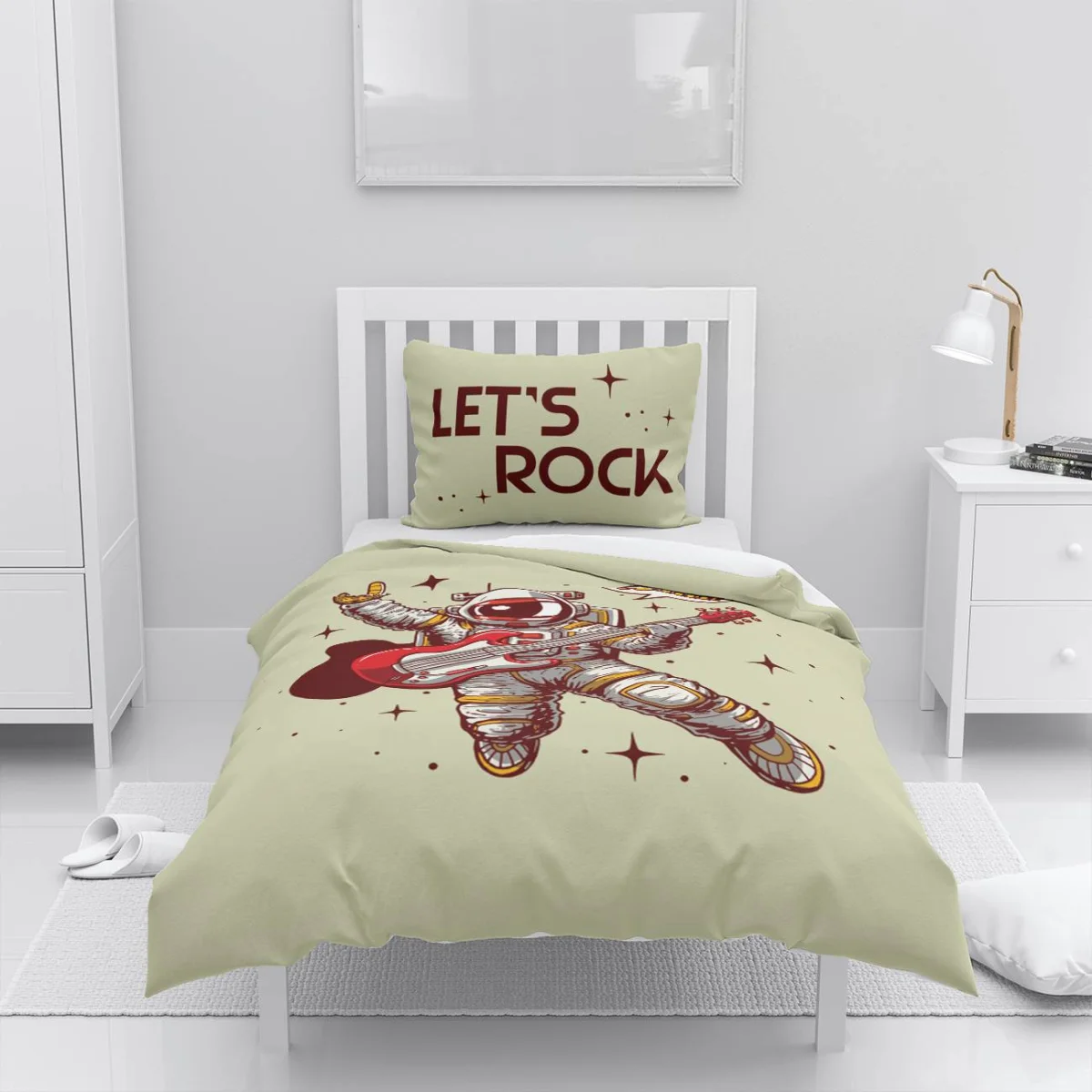 Uzay, Astronot, Rock Müzik Nevresim Takımı | Açık Bej yıldızlar, gitar Desenli